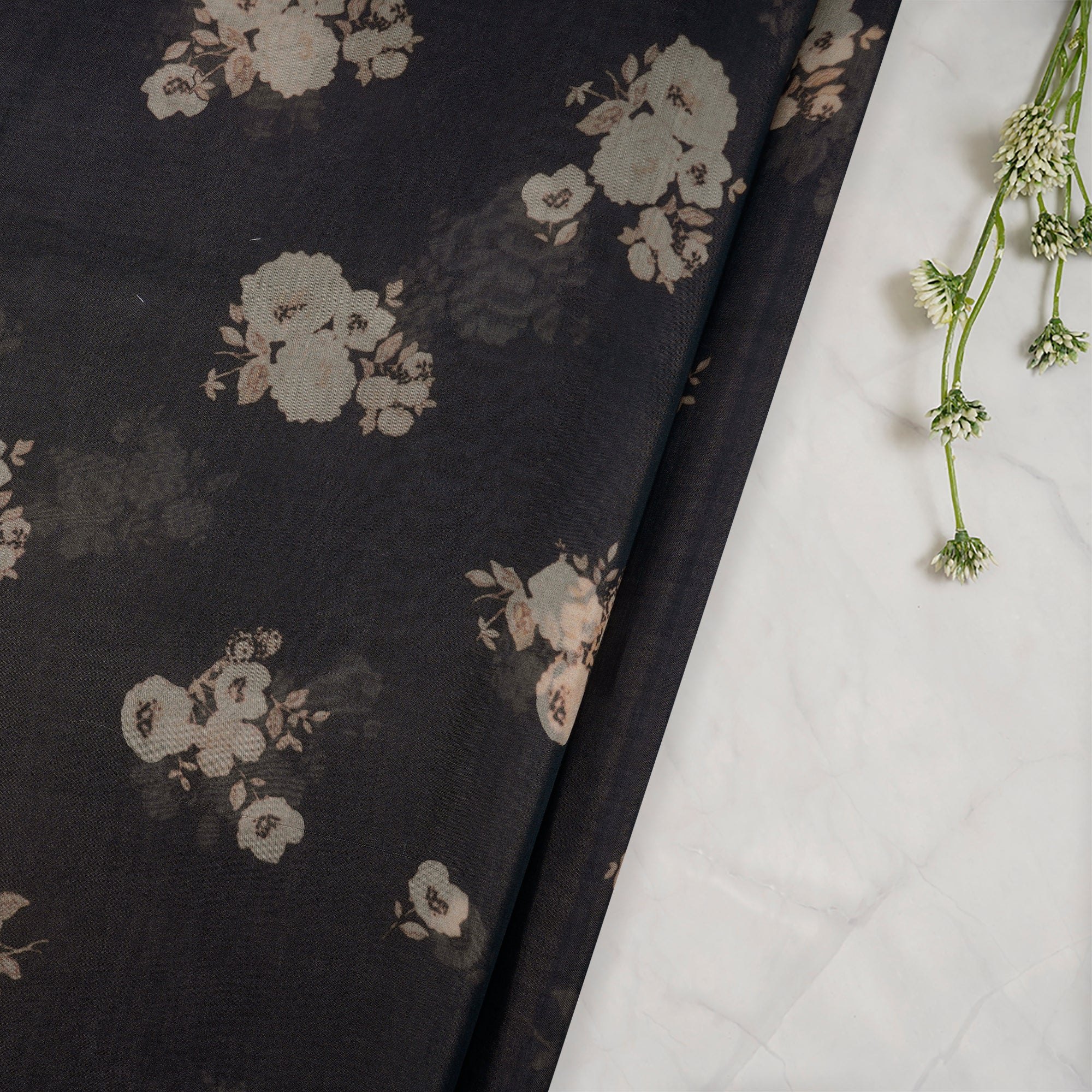 Dark Grey Floral Pattern Digital Print Fine Mul Chanderi Fabric