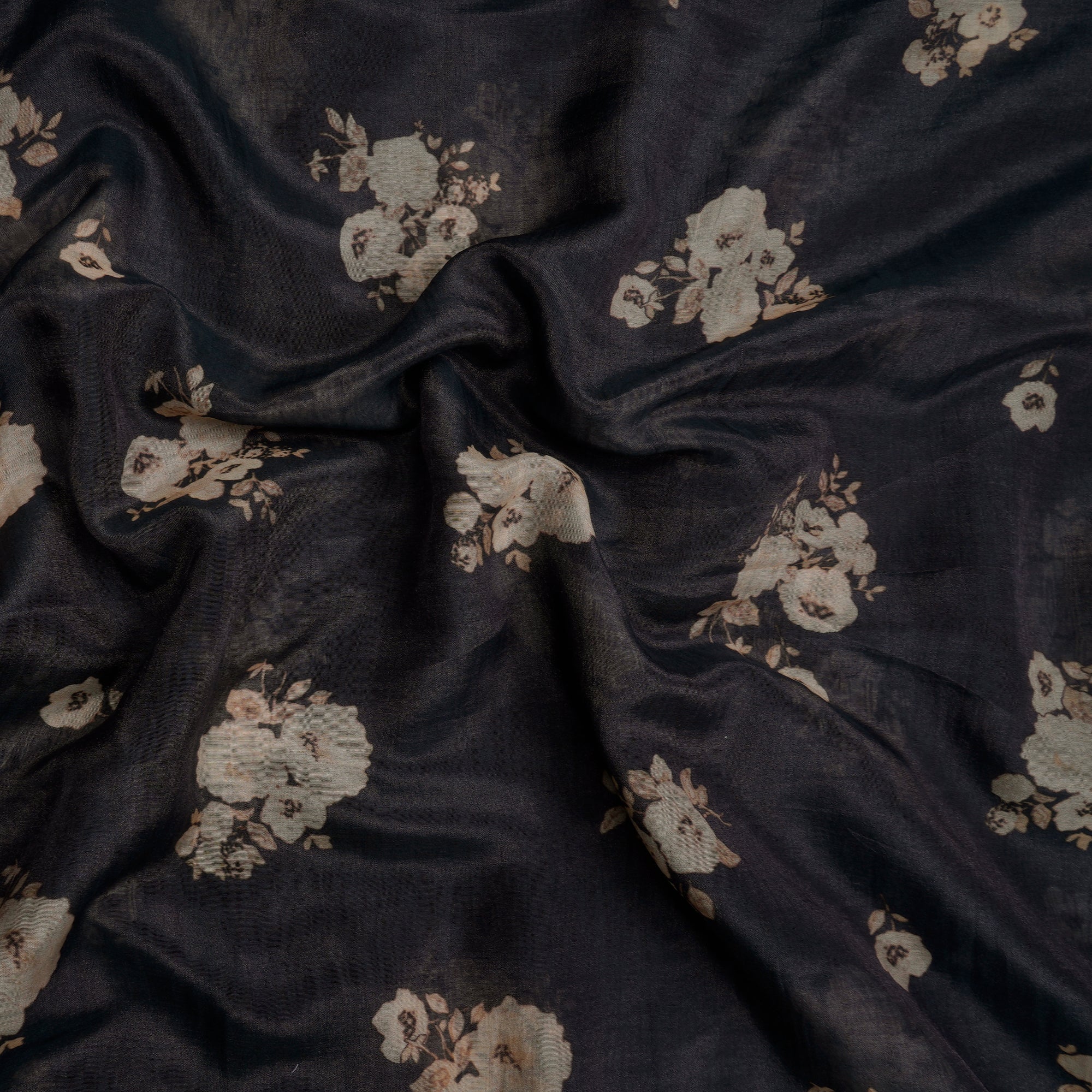 Dark Grey Floral Pattern Digital Print Fine Mul Chanderi Fabric