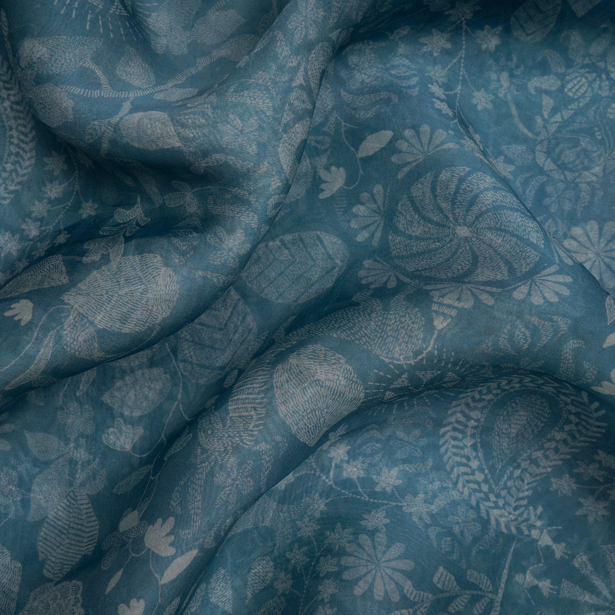 Grey Floral Pattern Digital Print Organza Fabric