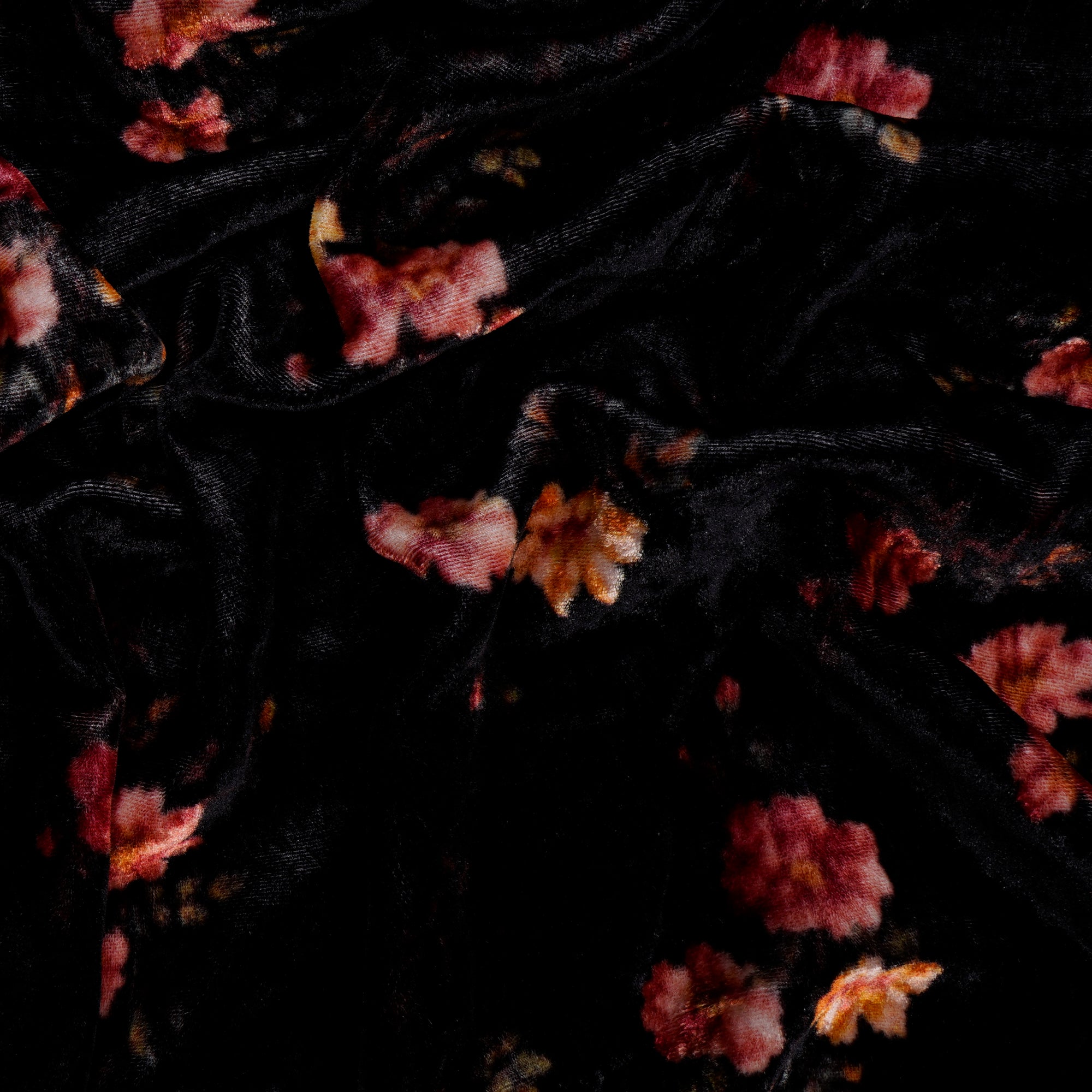 Black-Multi Floral Pattern Digital Print Silk Velvet Fabric