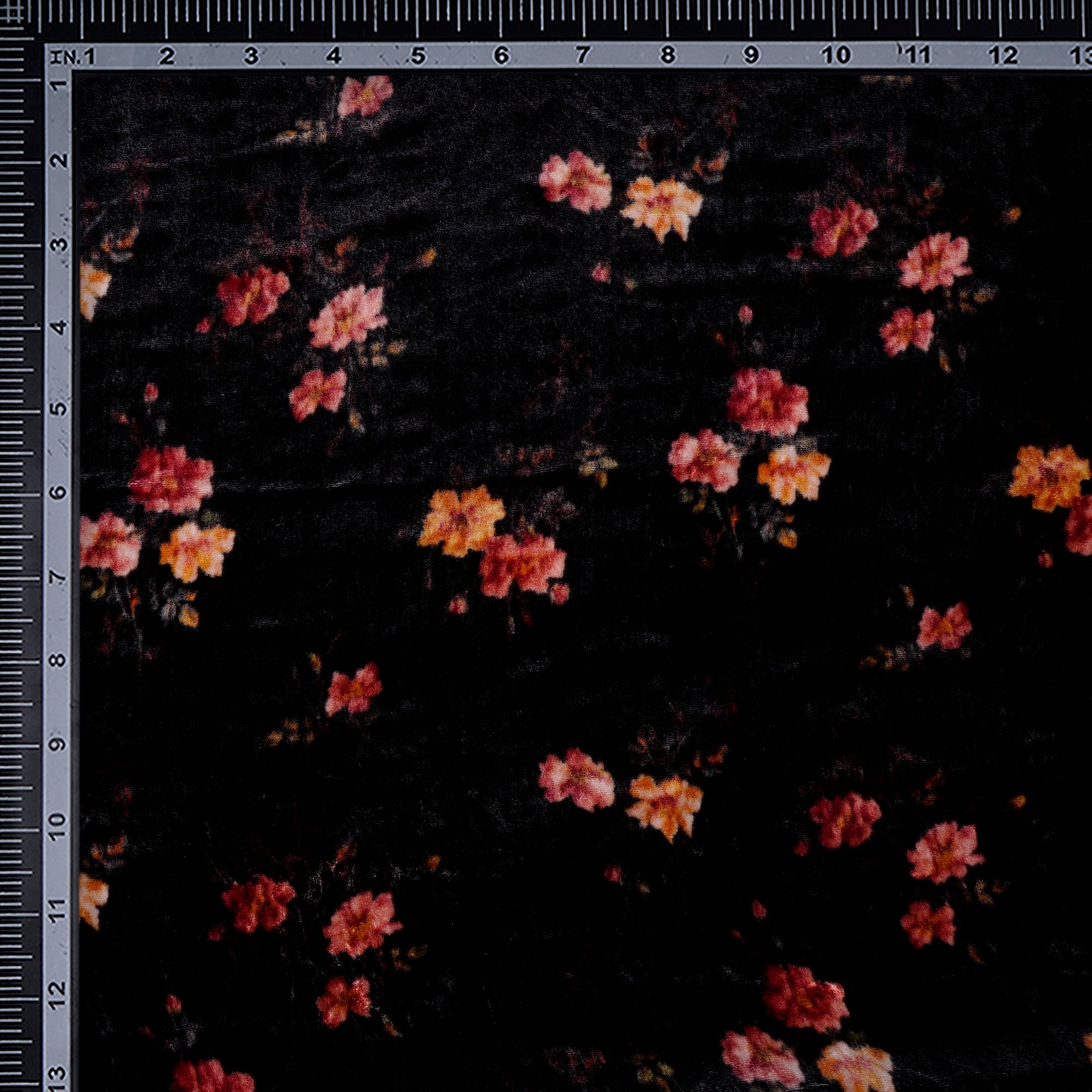 Black-Multi Floral Pattern Digital Print Silk Velvet Fabric