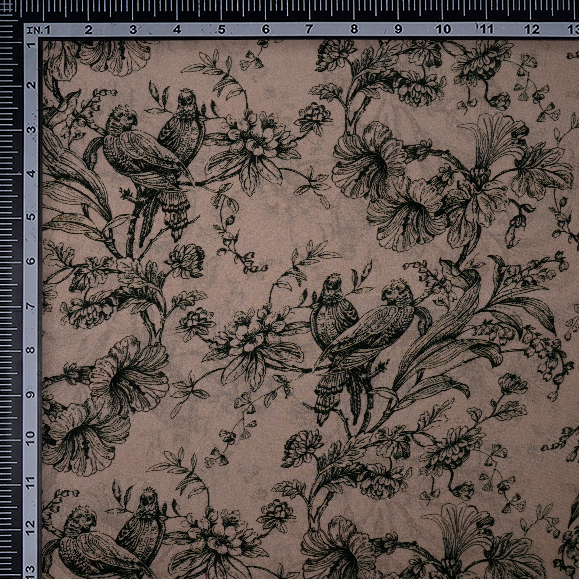 Beige Floral Pattern Digital Print Bemberg Crepe Fabric