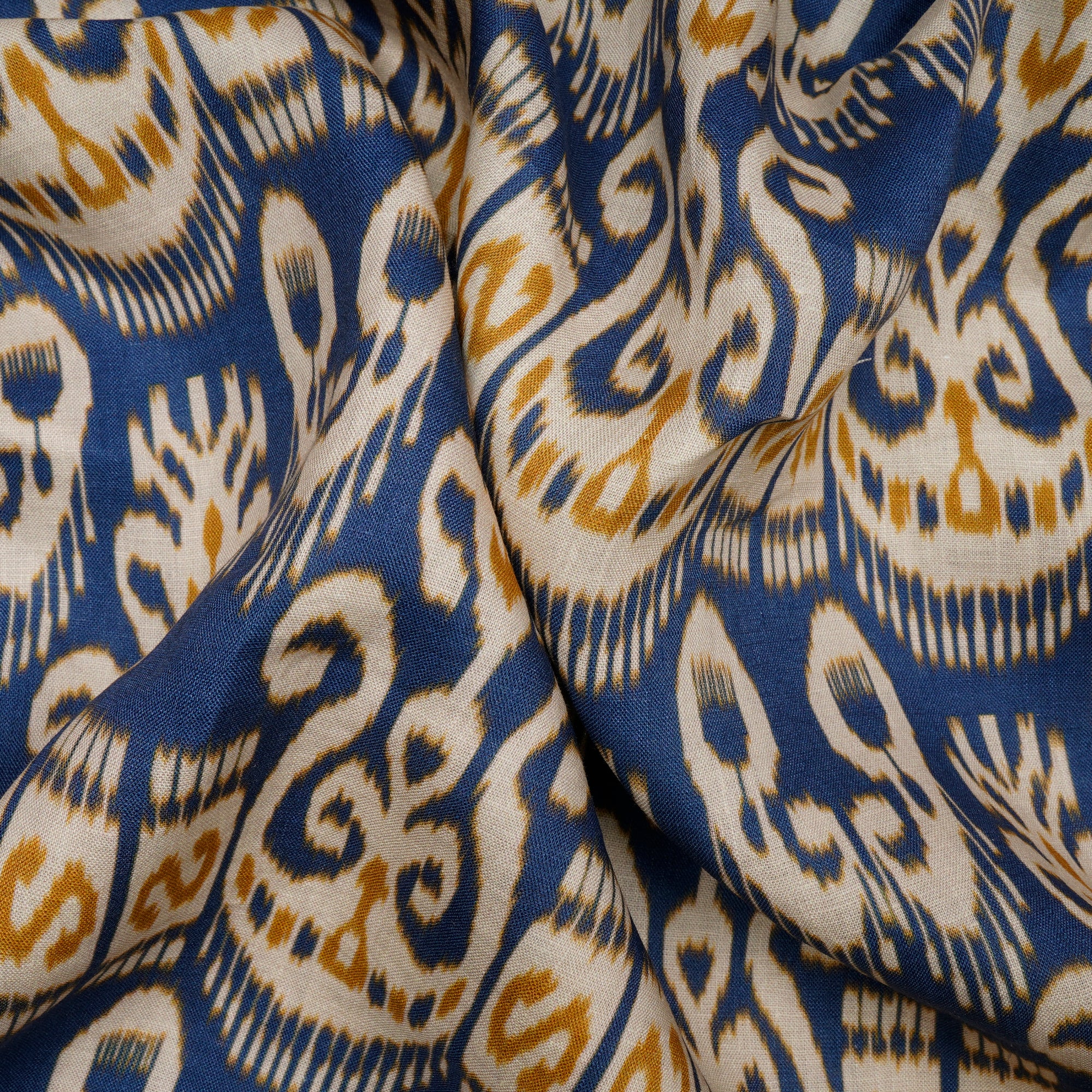 Blue-Yellow Ikat Pattern Digital Print Fancy Linen Fabric