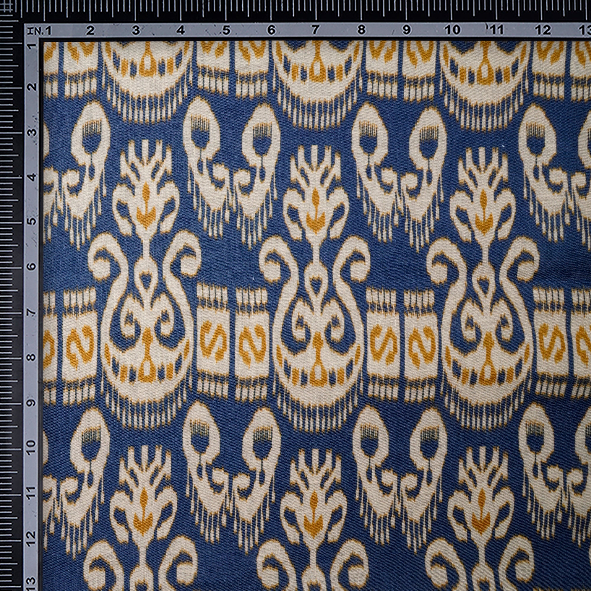 Blue-Yellow Ikat Pattern Digital Print Fancy Linen Fabric