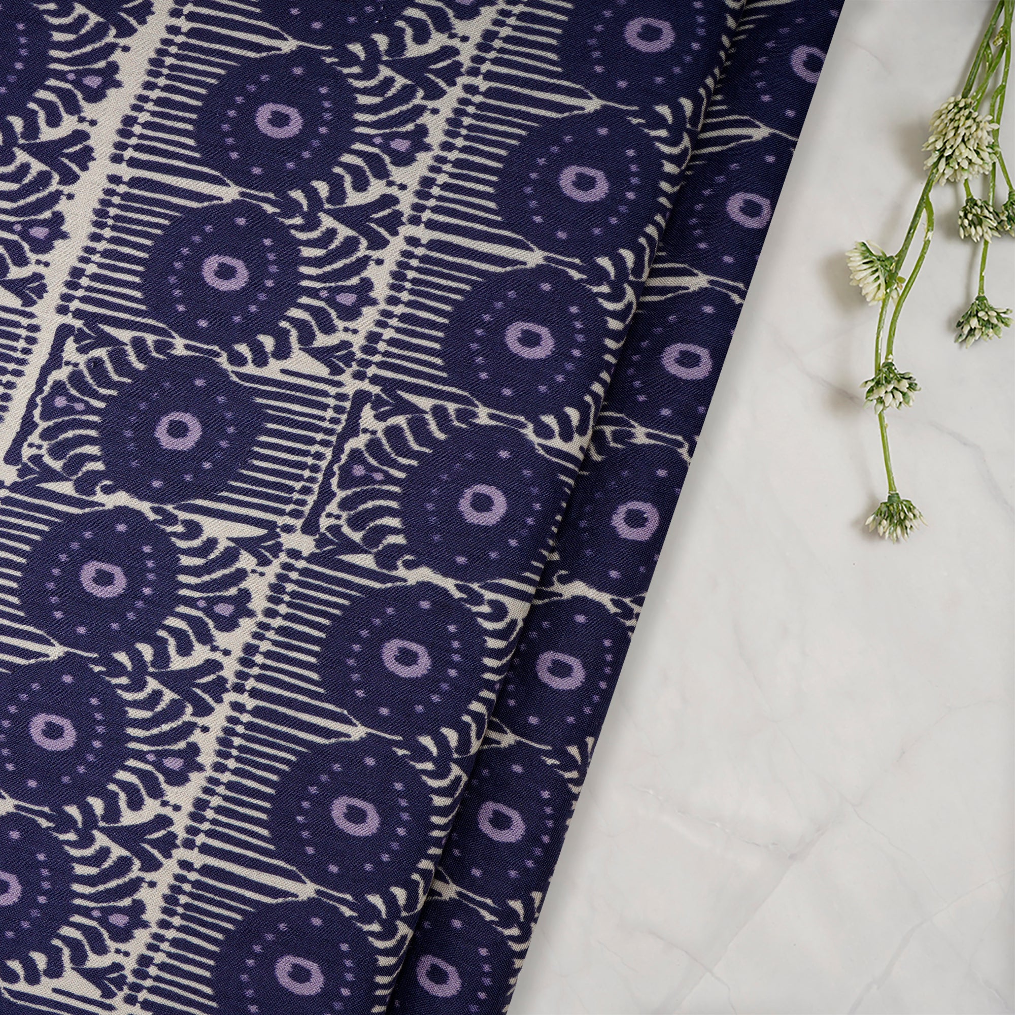 Orient Blue Ikat Pattern Digital Print Fancy Linen Fabric