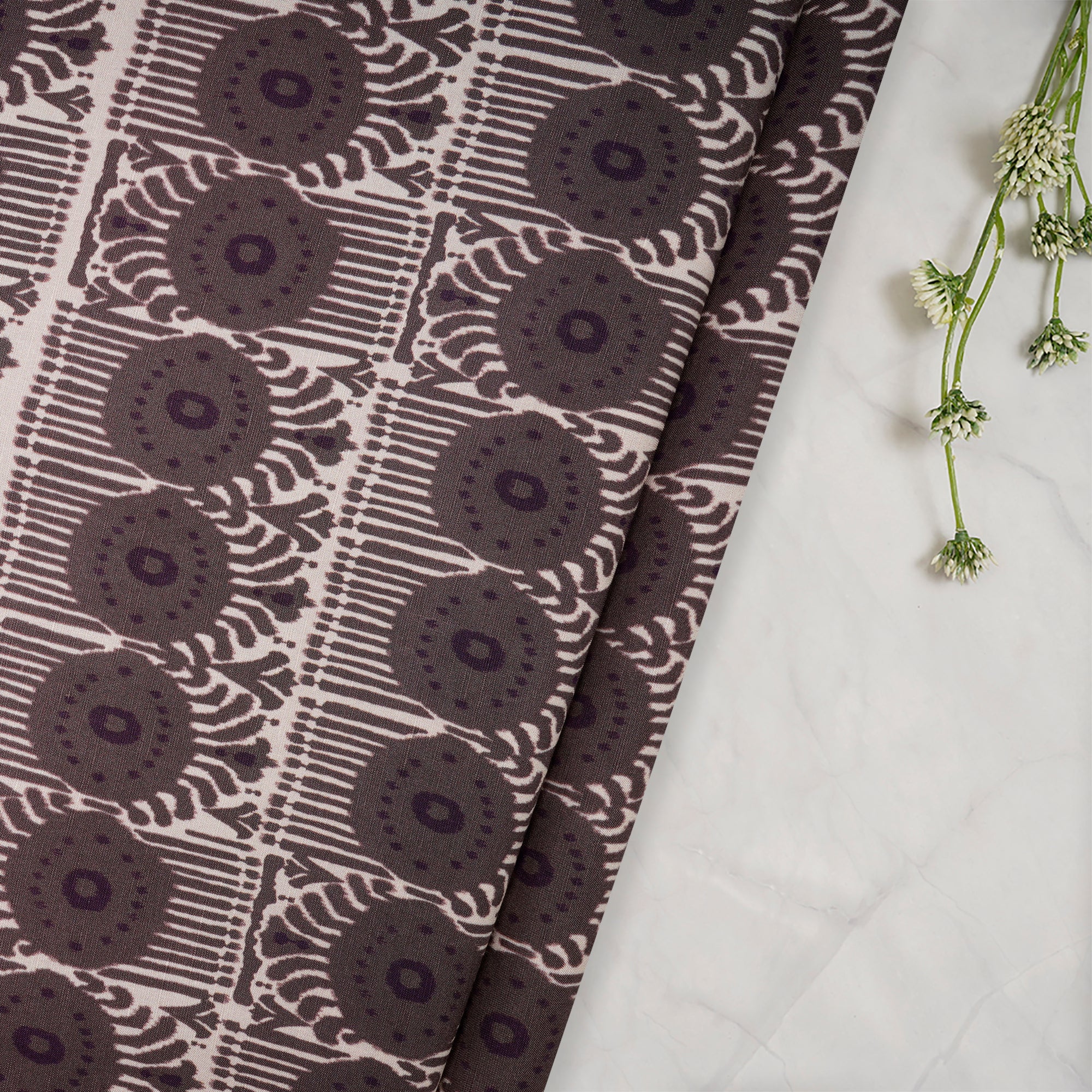 Taupe Gray Ikat Pattern Digital Print Fancy Linen Fabric