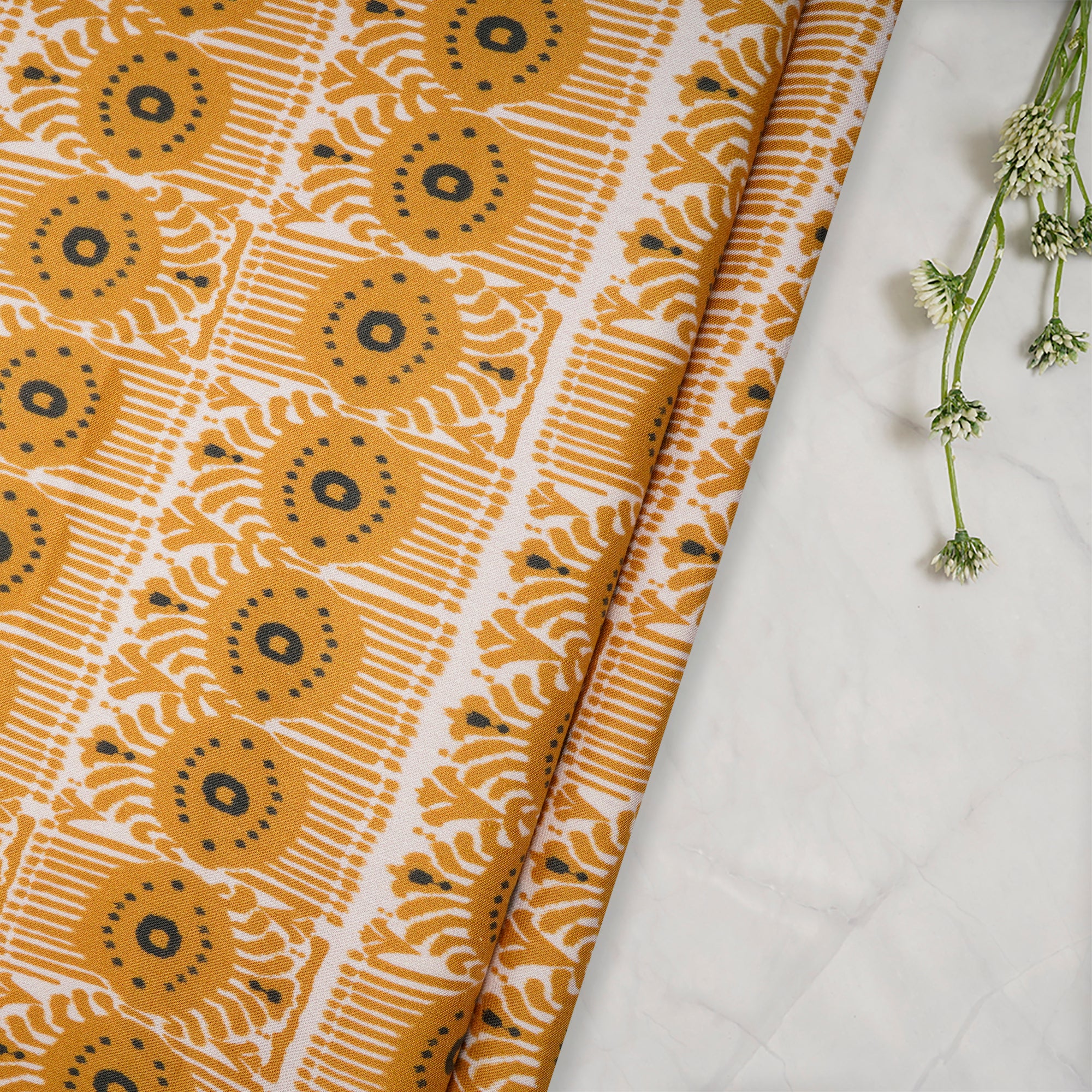 Mustard Yellow Ikat Pattern Digital Print Fancy Linen Fabric
