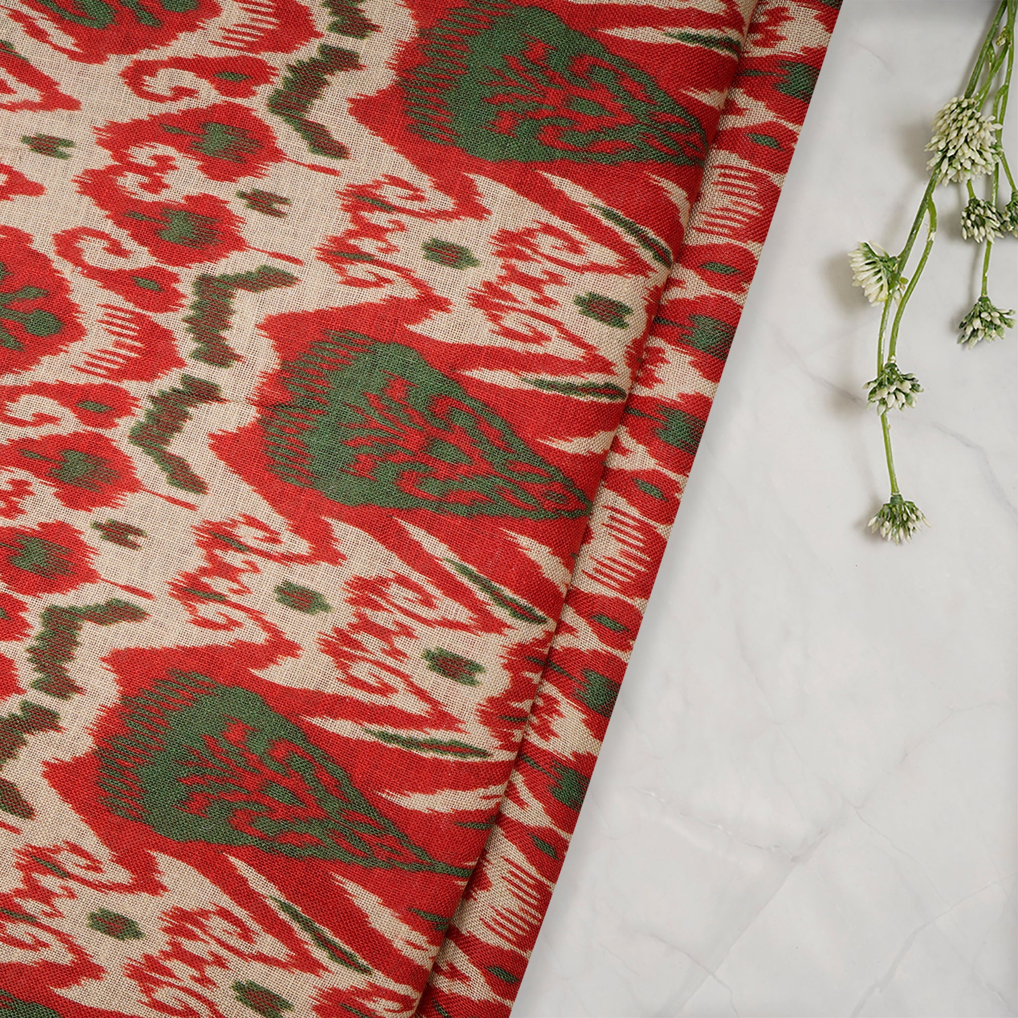 Green-Red Ikat Pattern Digital Print Fancy Linen Fabric