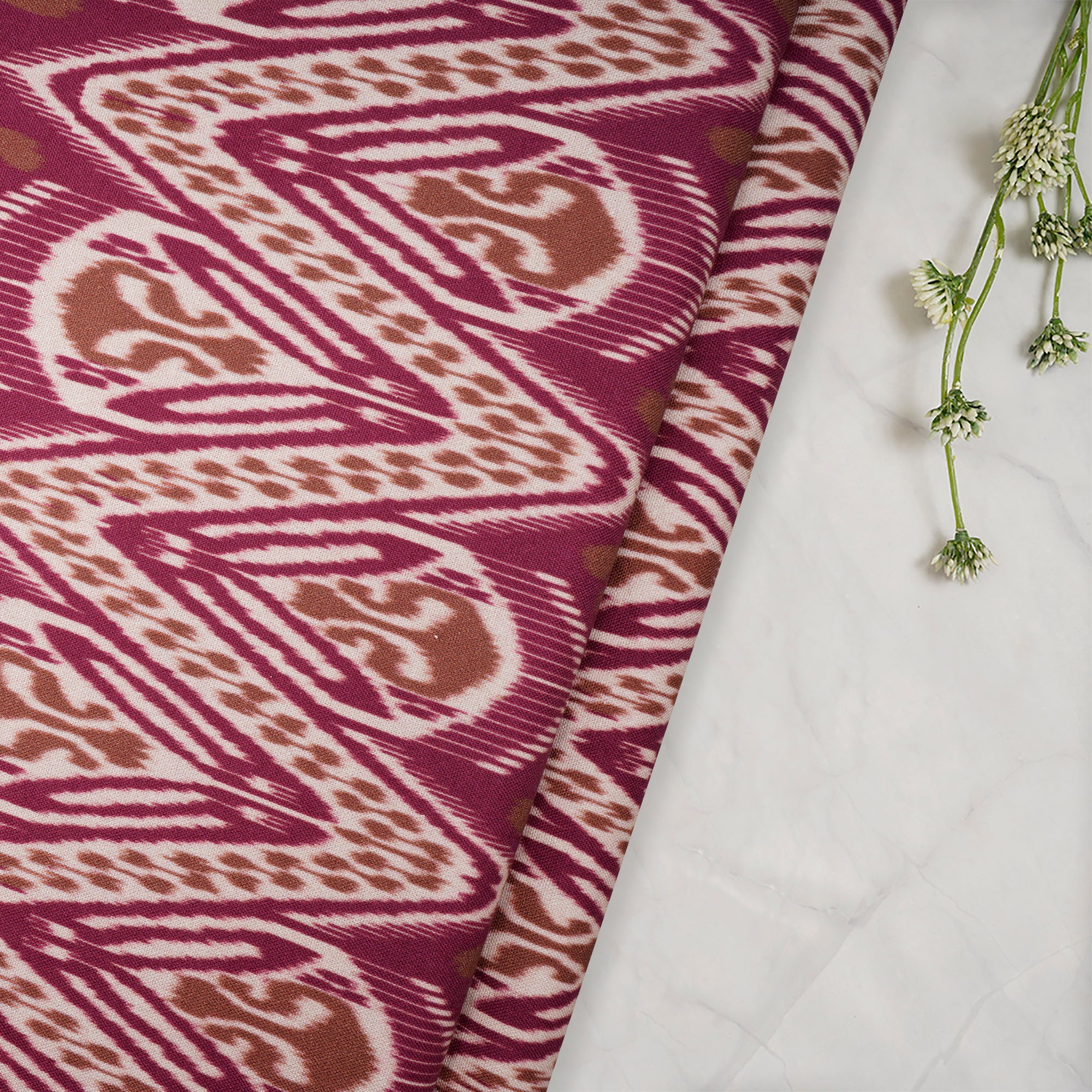 Magenta Ikat Pattern Digital Print Fancy Linen Fabric