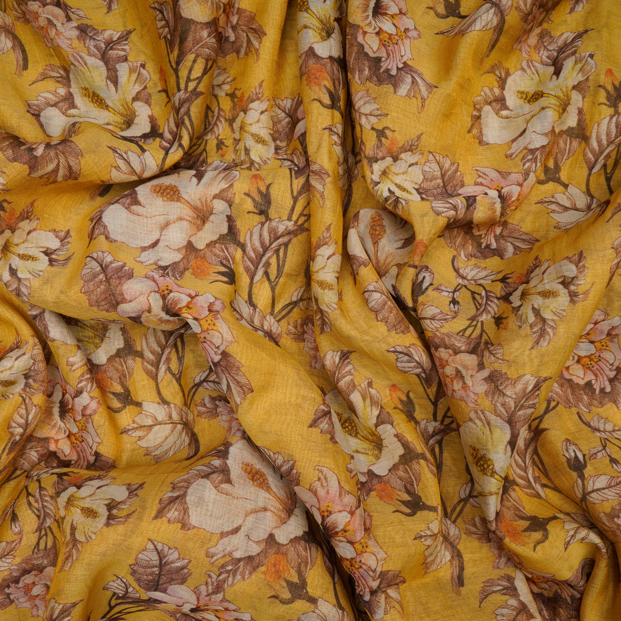 Yellow-Gold Floral Pattern Digital Print Tissue Chanderi Fabric