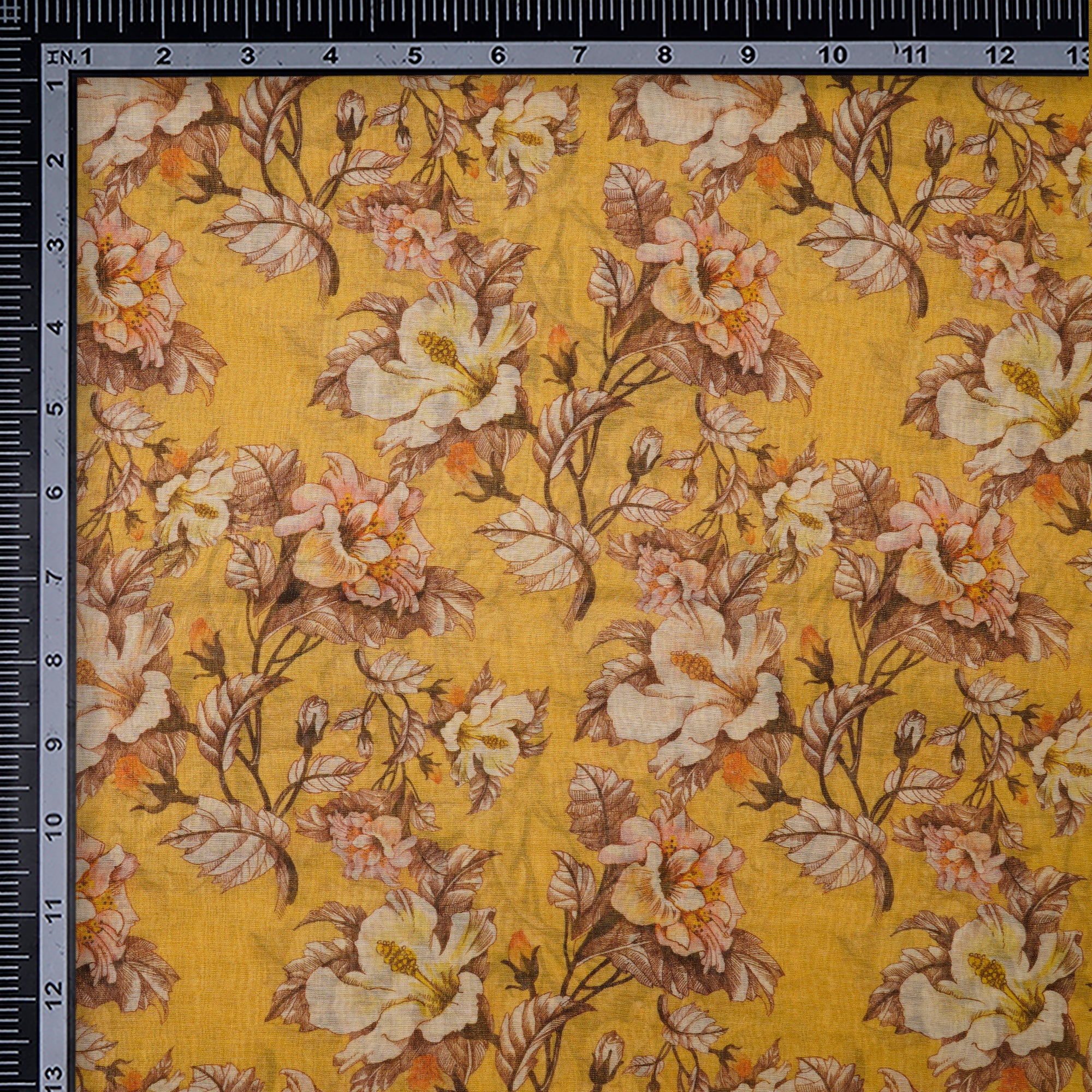 Yellow-Gold Floral Pattern Digital Print Tissue Chanderi Fabric