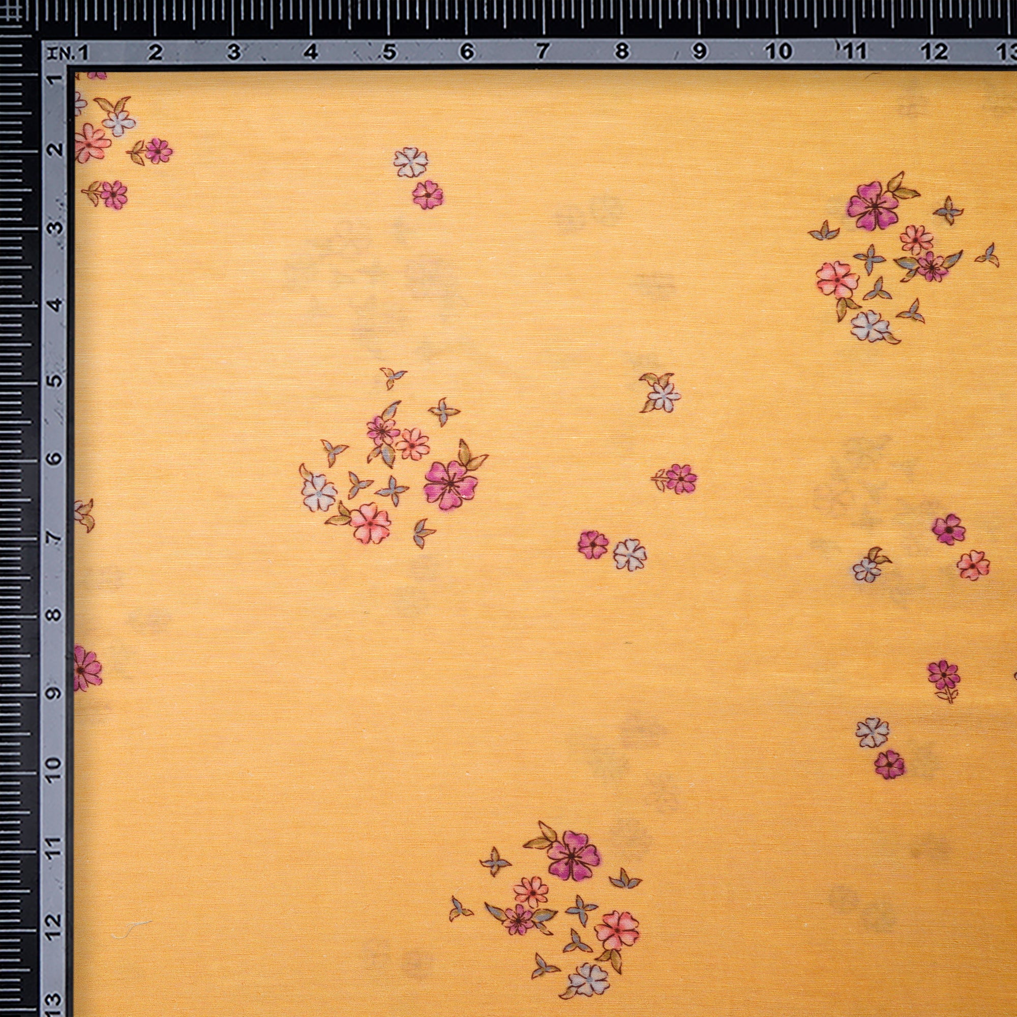 Yellow Floral Pattern Digital Print Bemberg Linen Fabric