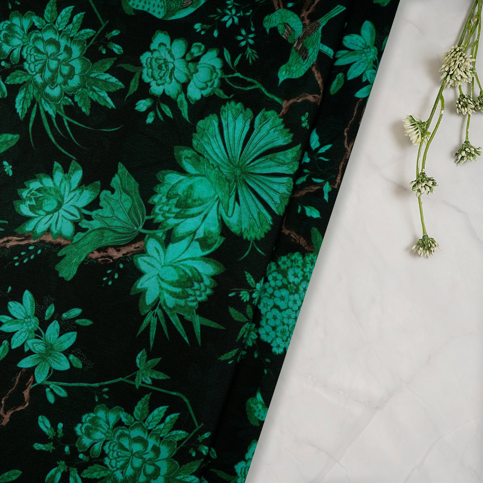 Black-Green Floral Pattern Digital Print Bemberg Crepe Fabric