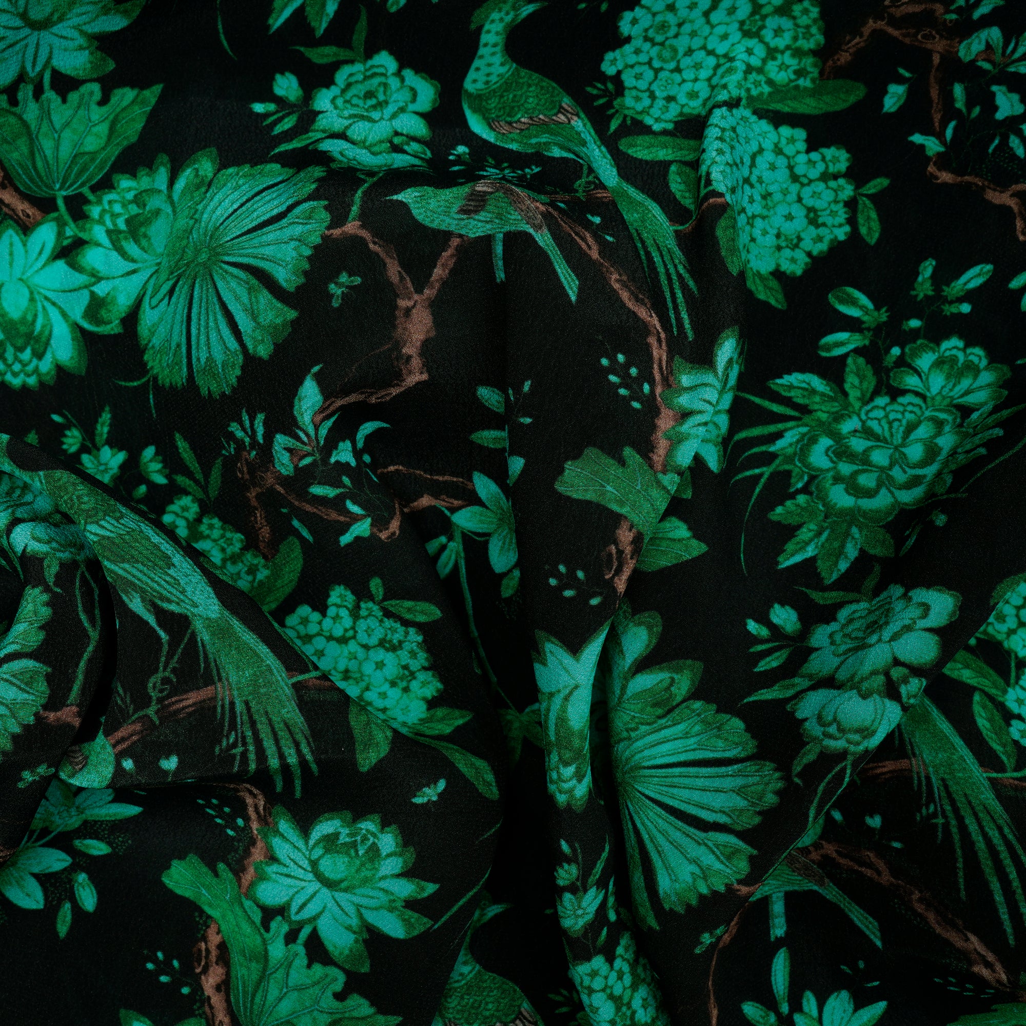 Black-Green Floral Pattern Digital Print Bemberg Crepe Fabric