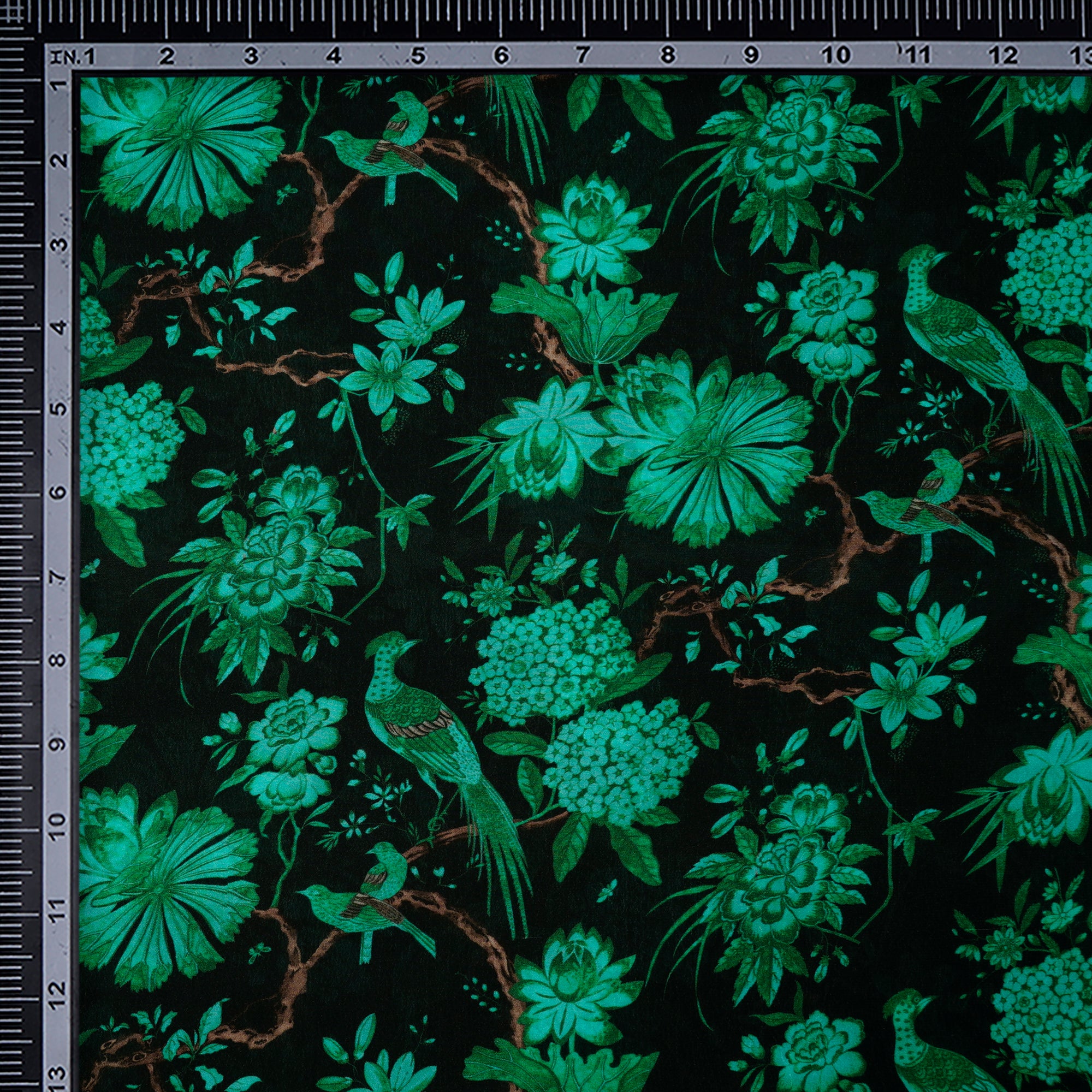 Black-Green Floral Pattern Digital Print Bemberg Crepe Fabric