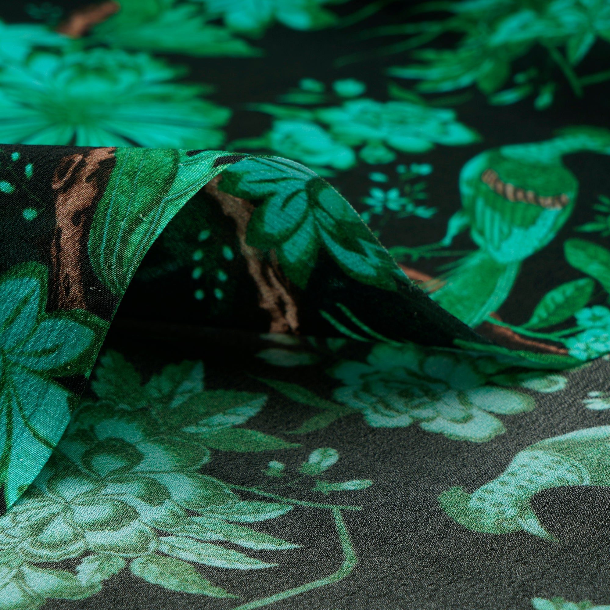 Black-Green Floral Pattern Digital Print Bemberg Crepe Fabric