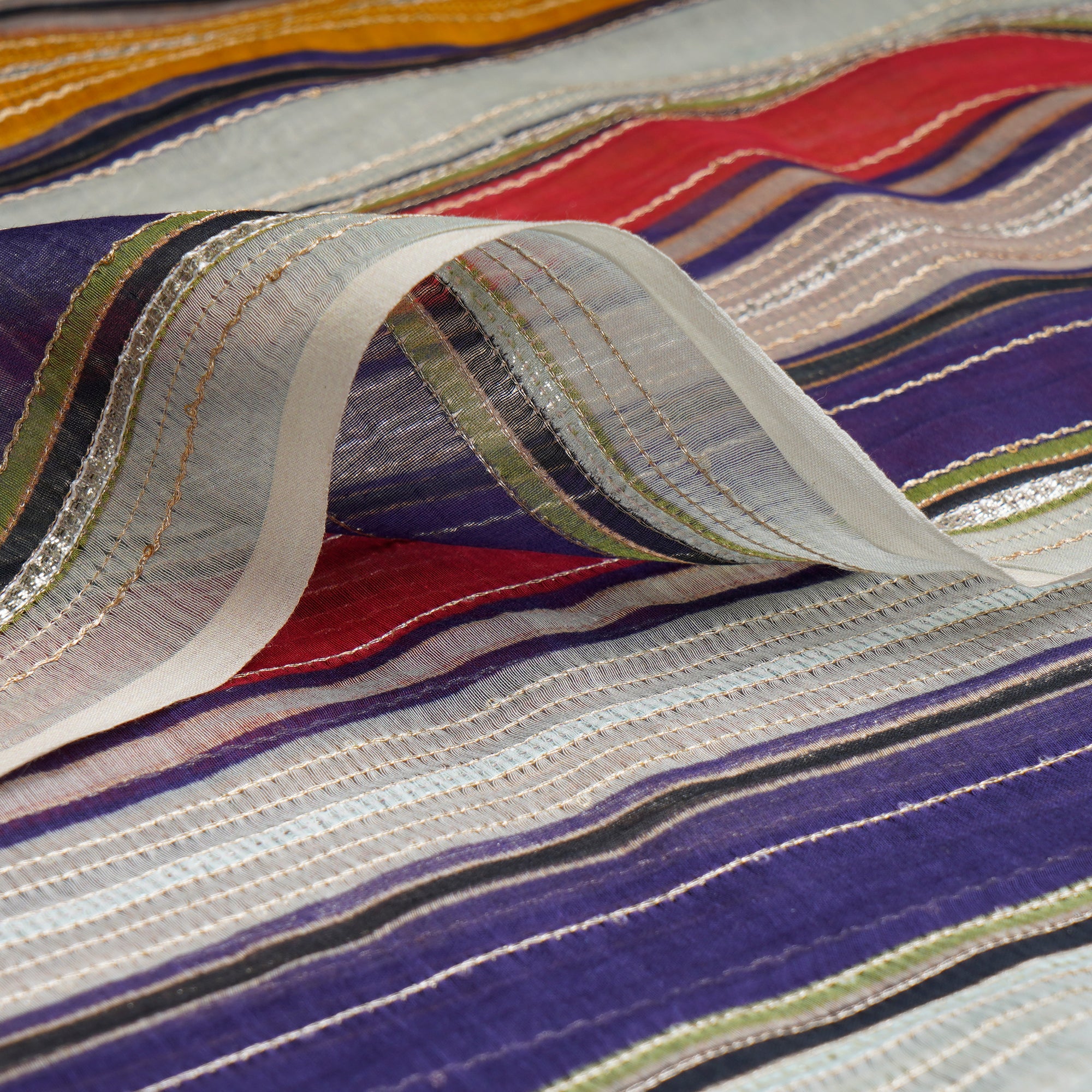 Multi Color Stripe Pattern Digital Print Embroidered Chanderi Fabric