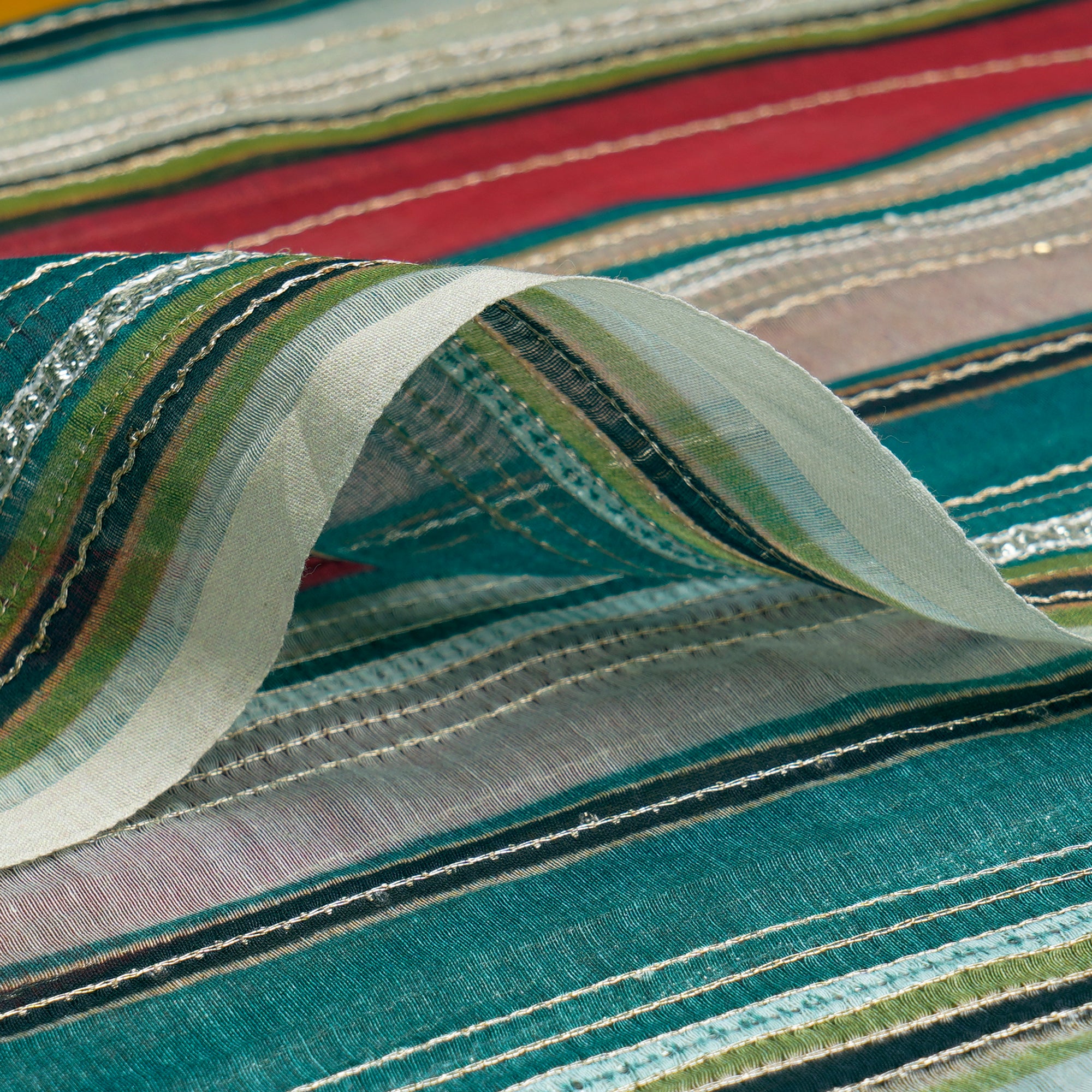 Multi Color Stripe Pattern Digital Print Embroidered Chanderi Fabric