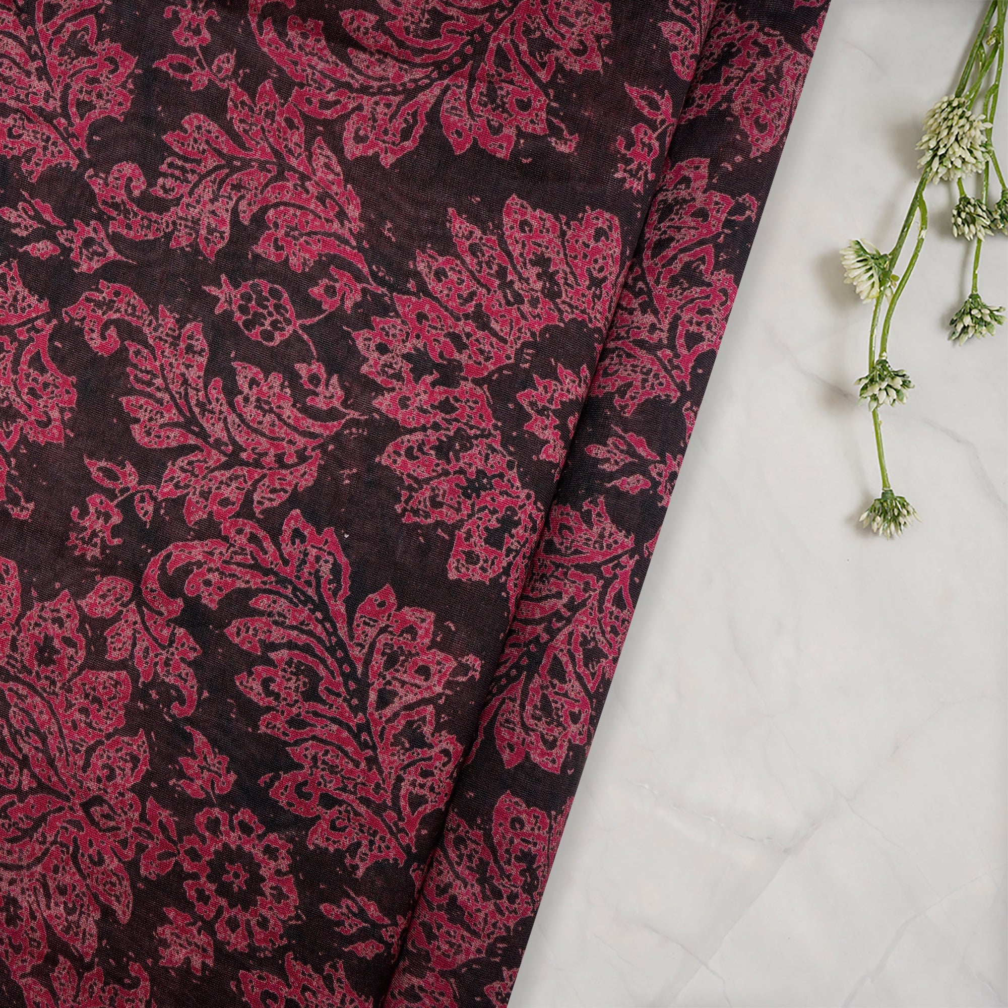 Brown-Pink Floral Pattern Digital Print Chanderi Fabric
