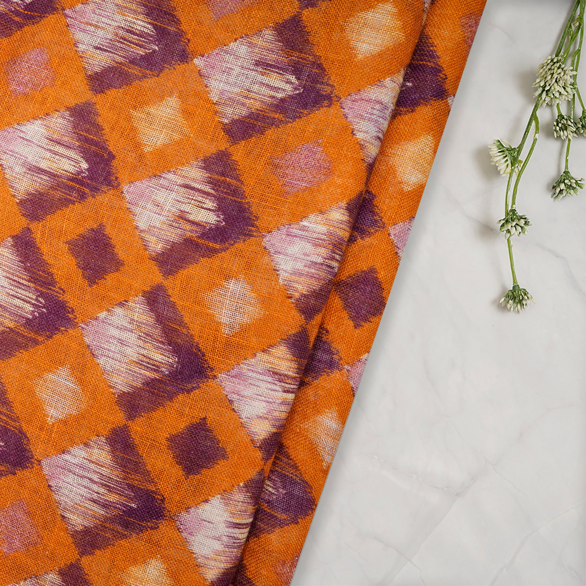 Orange-Purple Geometric Pattern Digital Print Gauge Linen Fabric