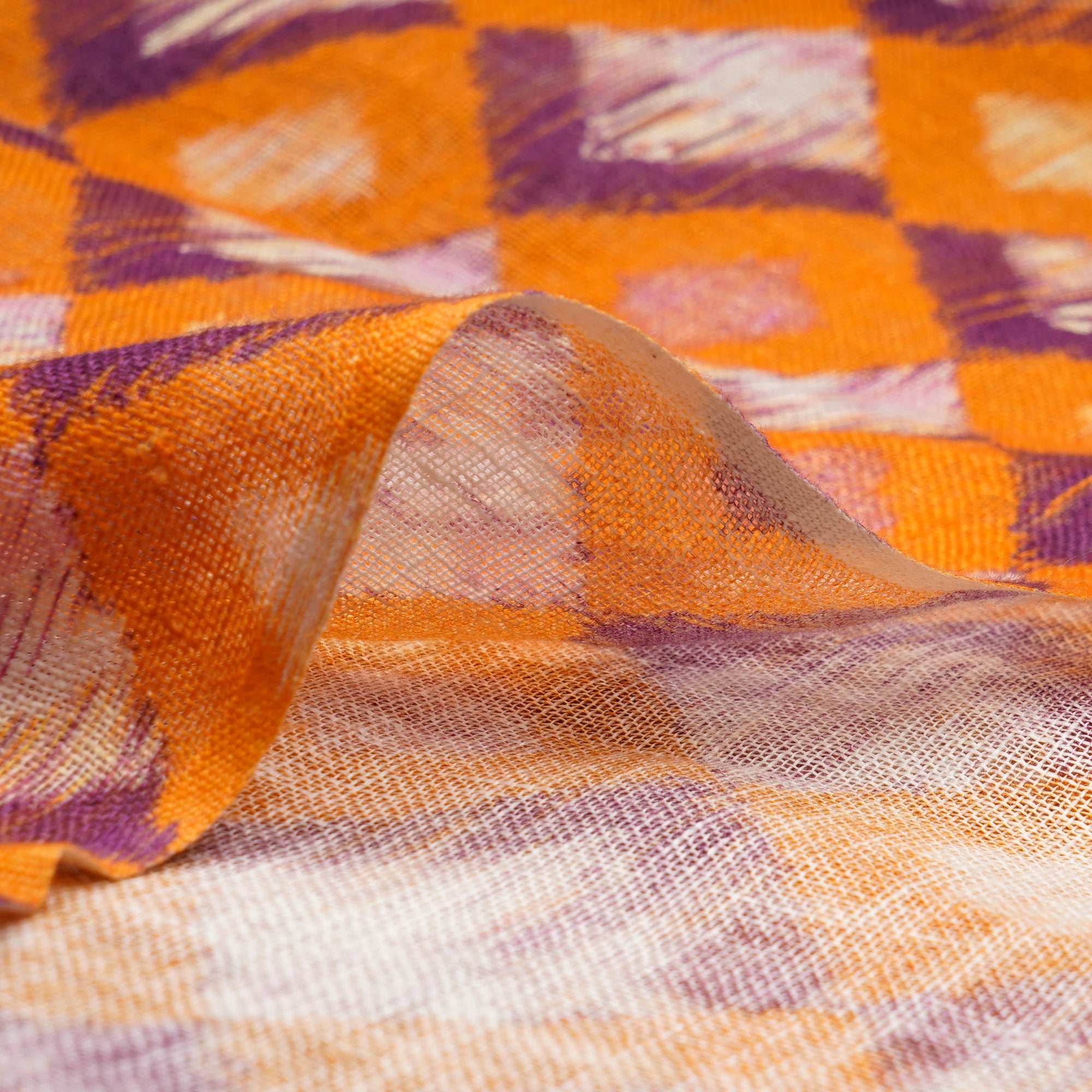 Orange-Purple Geometric Pattern Digital Print Gauge Linen Fabric