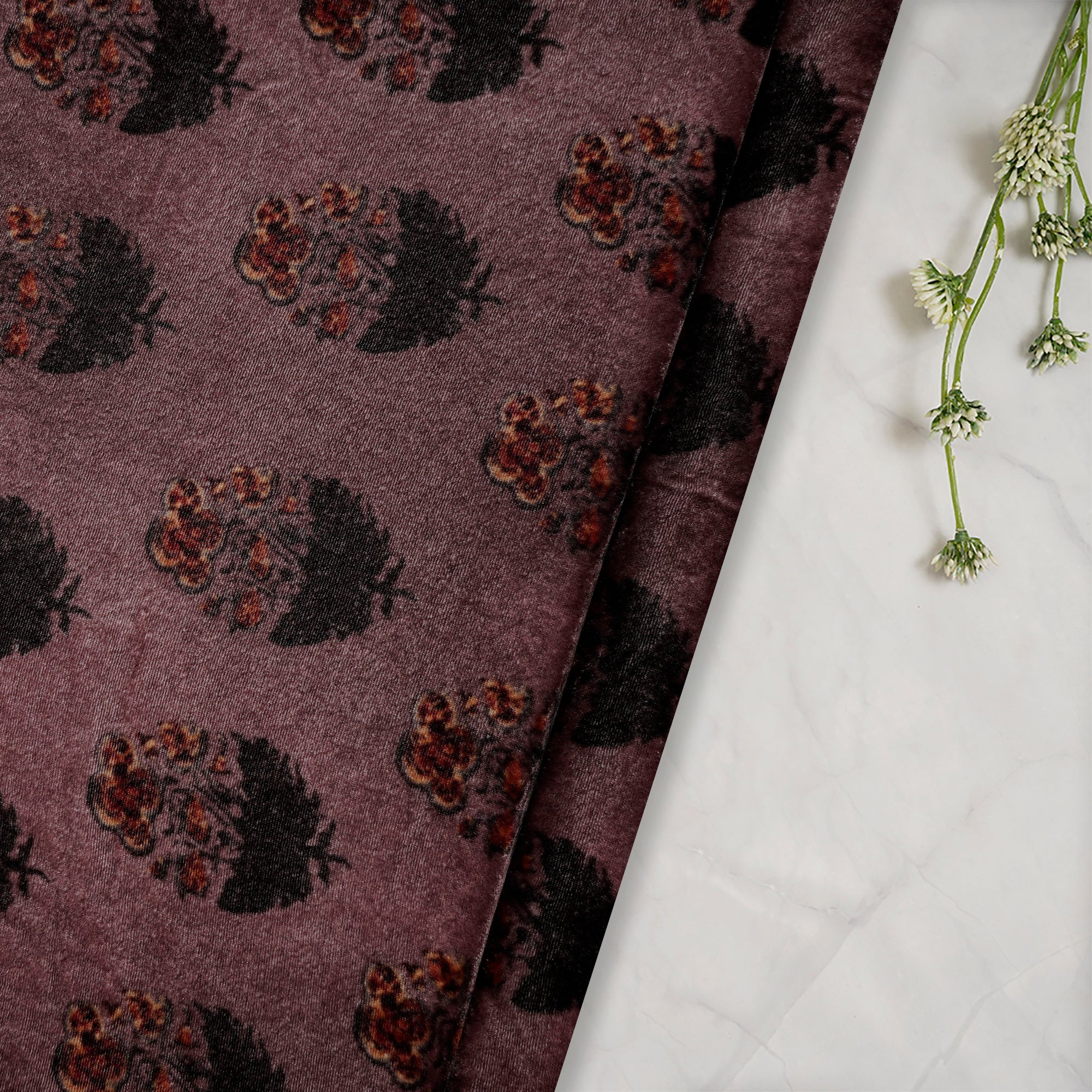 Dark Brown Floral Pattern Digital Print Silk Velvet Fabric