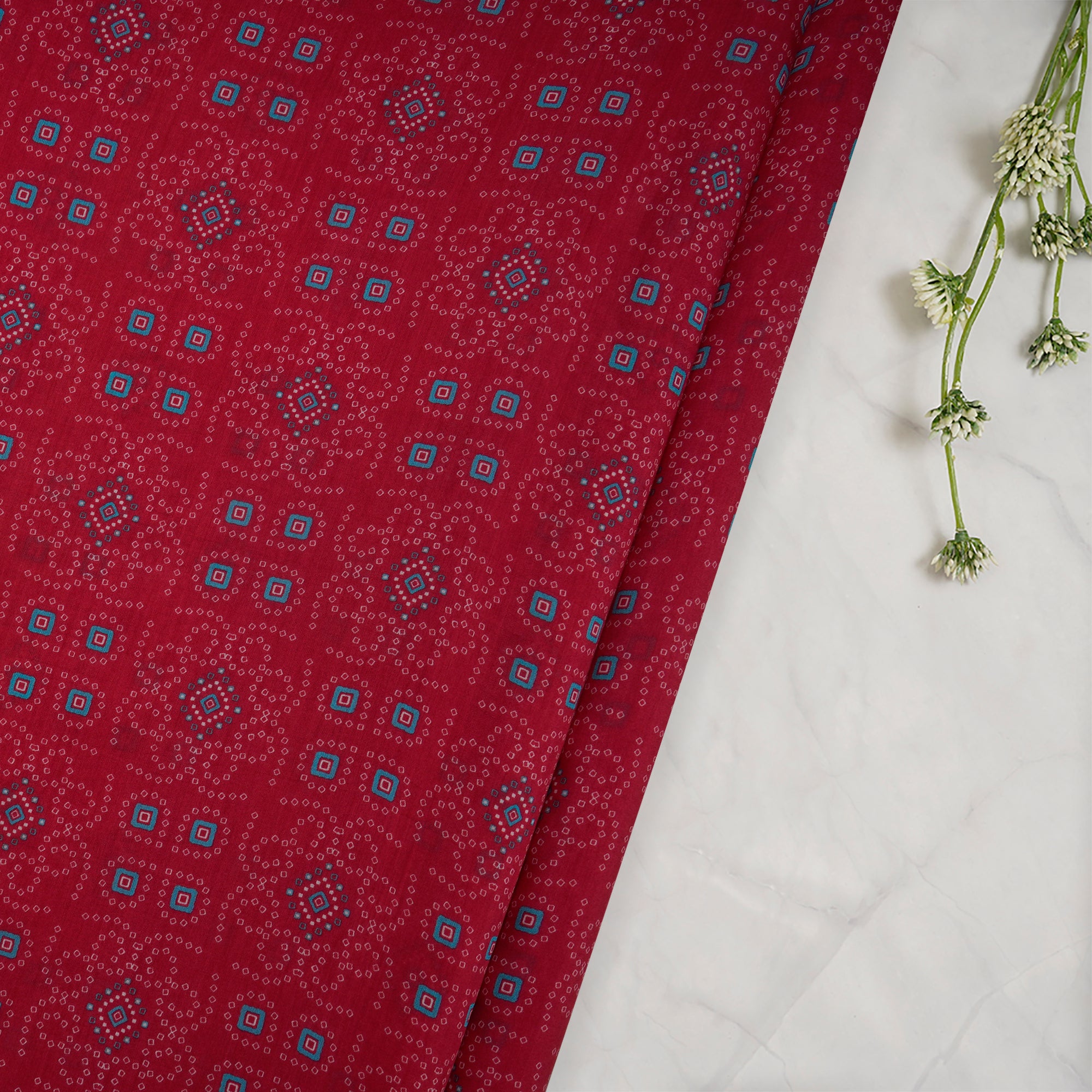 Red Bandhani Pattern Digital Print Chanderi Fabric