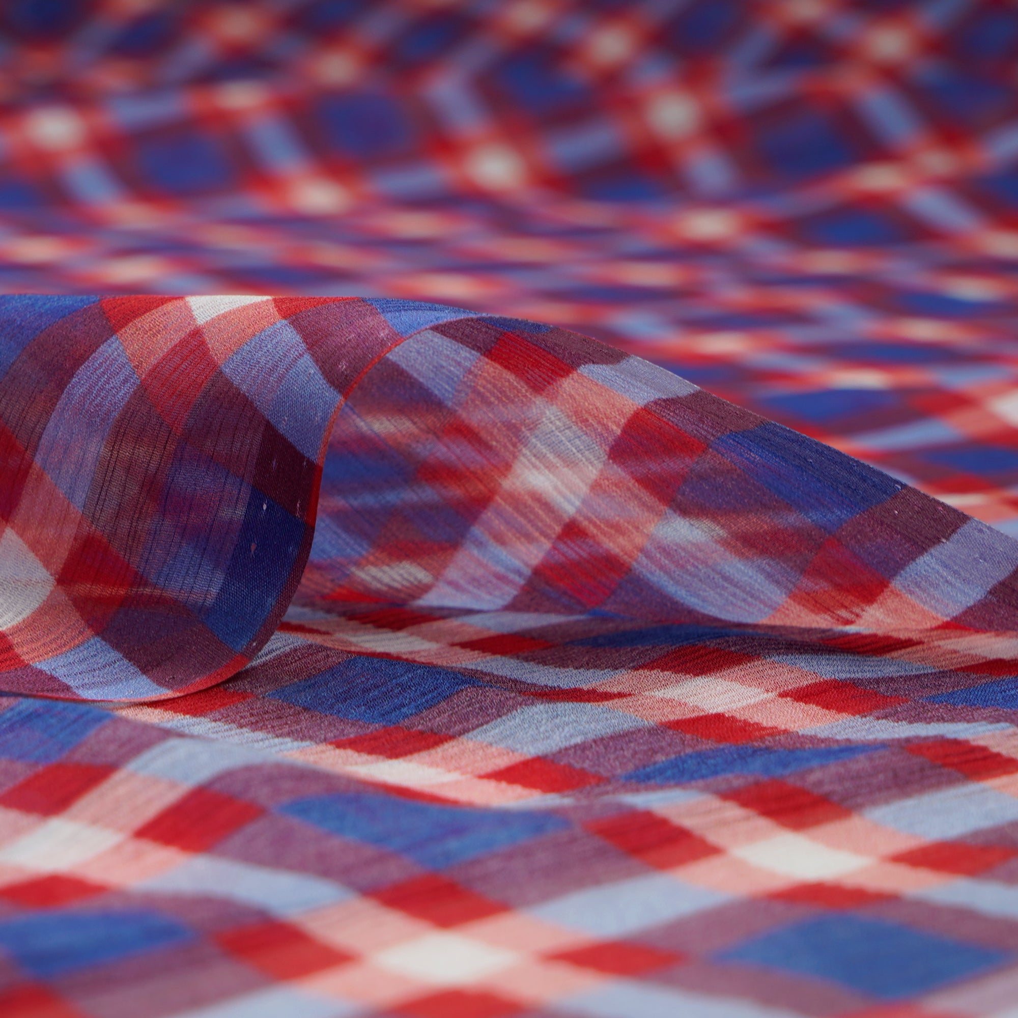 Blue-Red Check Pattern Digital Print Chiffon Silk Fabric