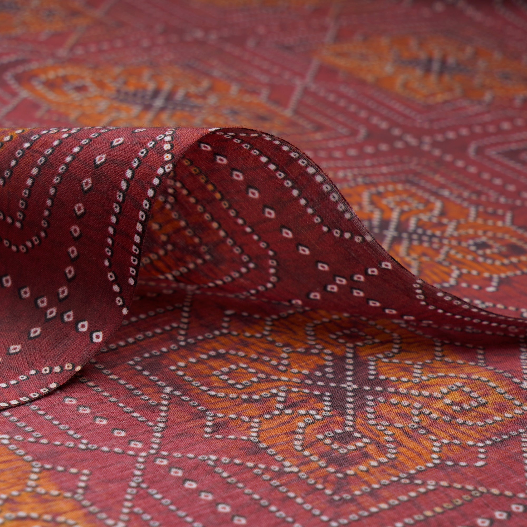 Marsala Bandhani Pattern Digital Print Voile Cotton Fabric