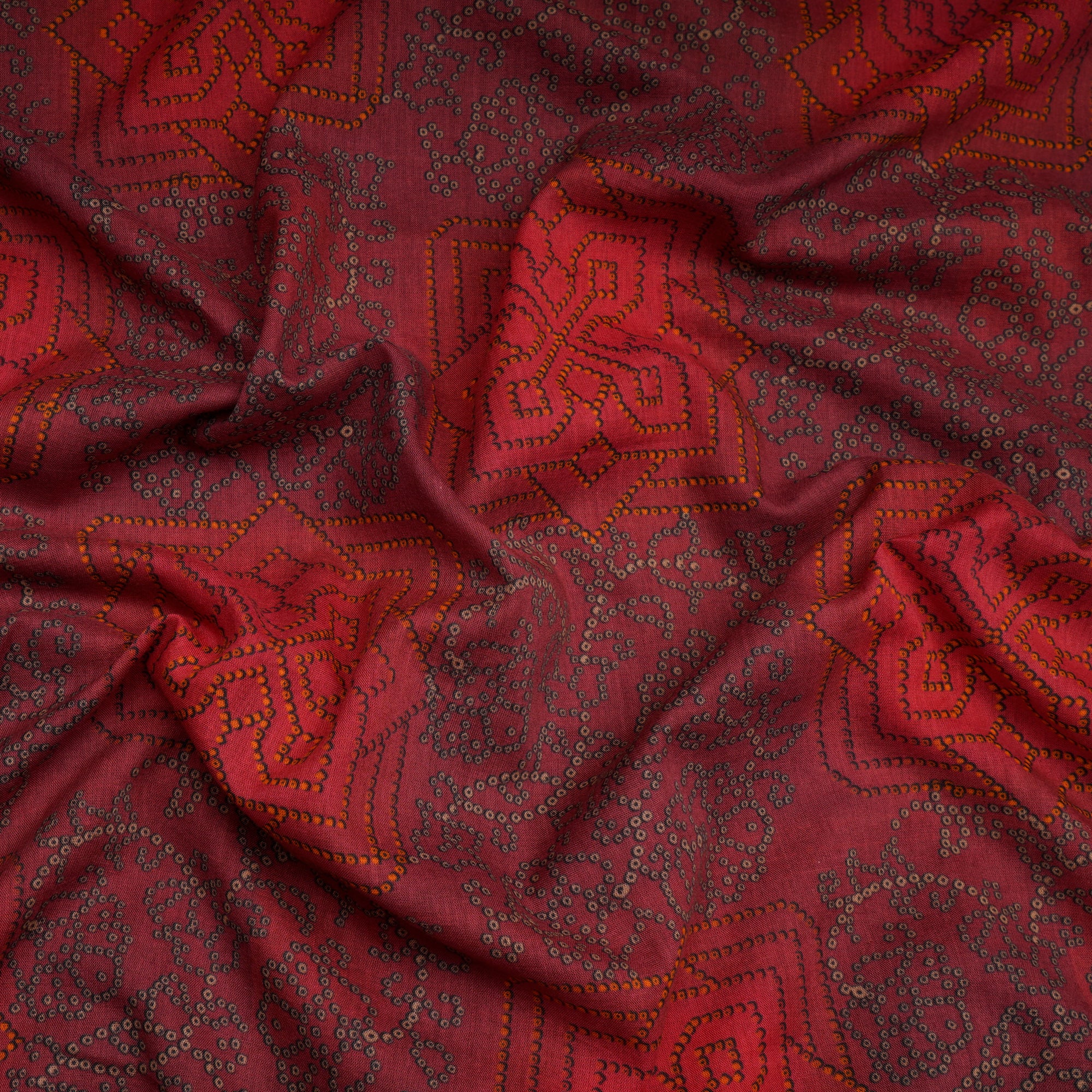 Deep Red Bandhani Pattern Digital Print Voile Cotton Fabric
