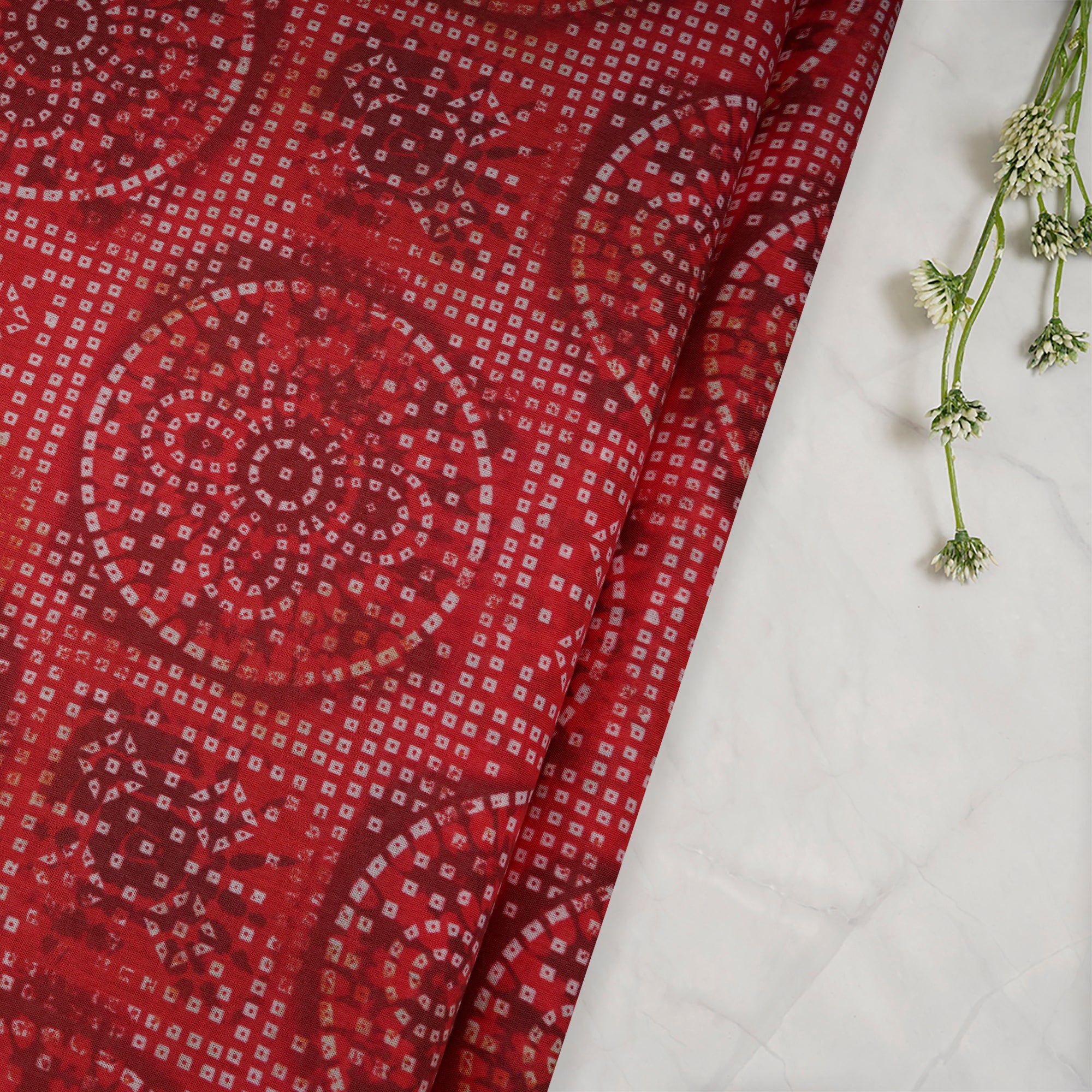Red Bandhani Pattern Digital Print Voile Cotton Fabric