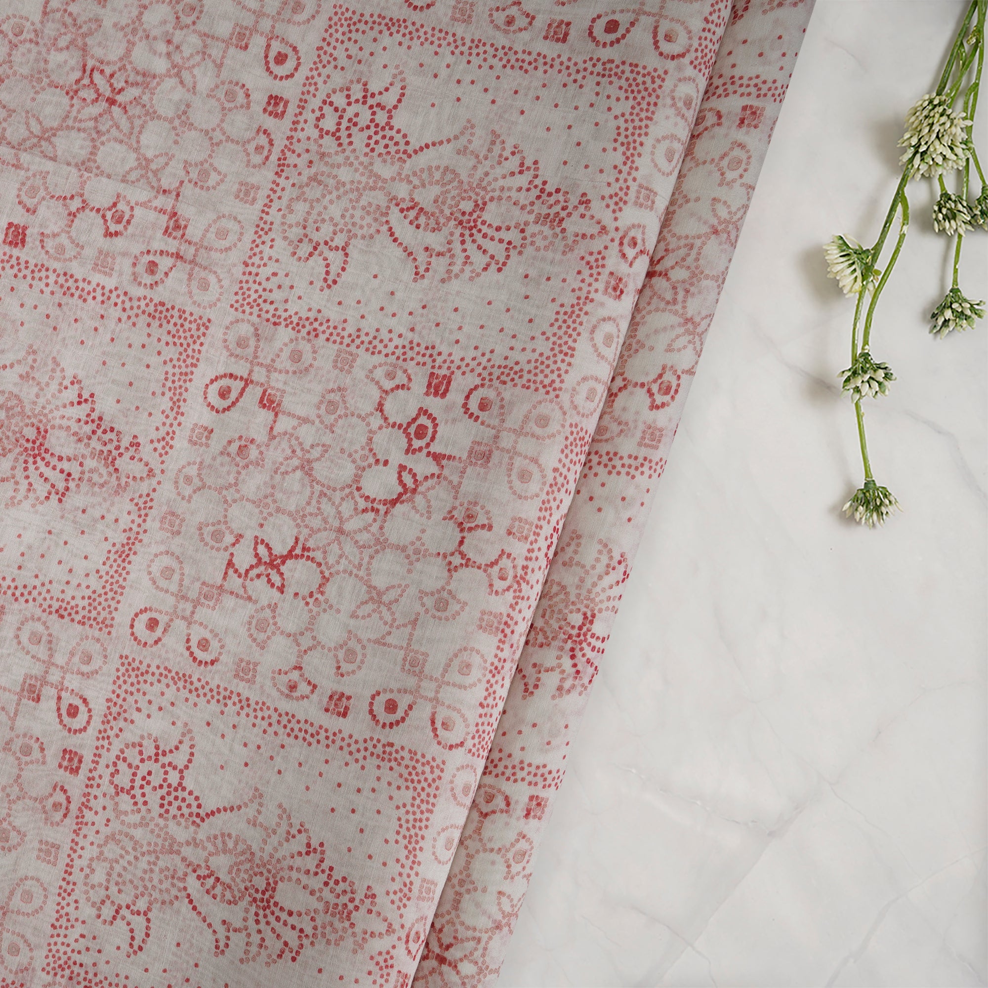 White-Red Color Digital Printed Pure Chanderi Fabric