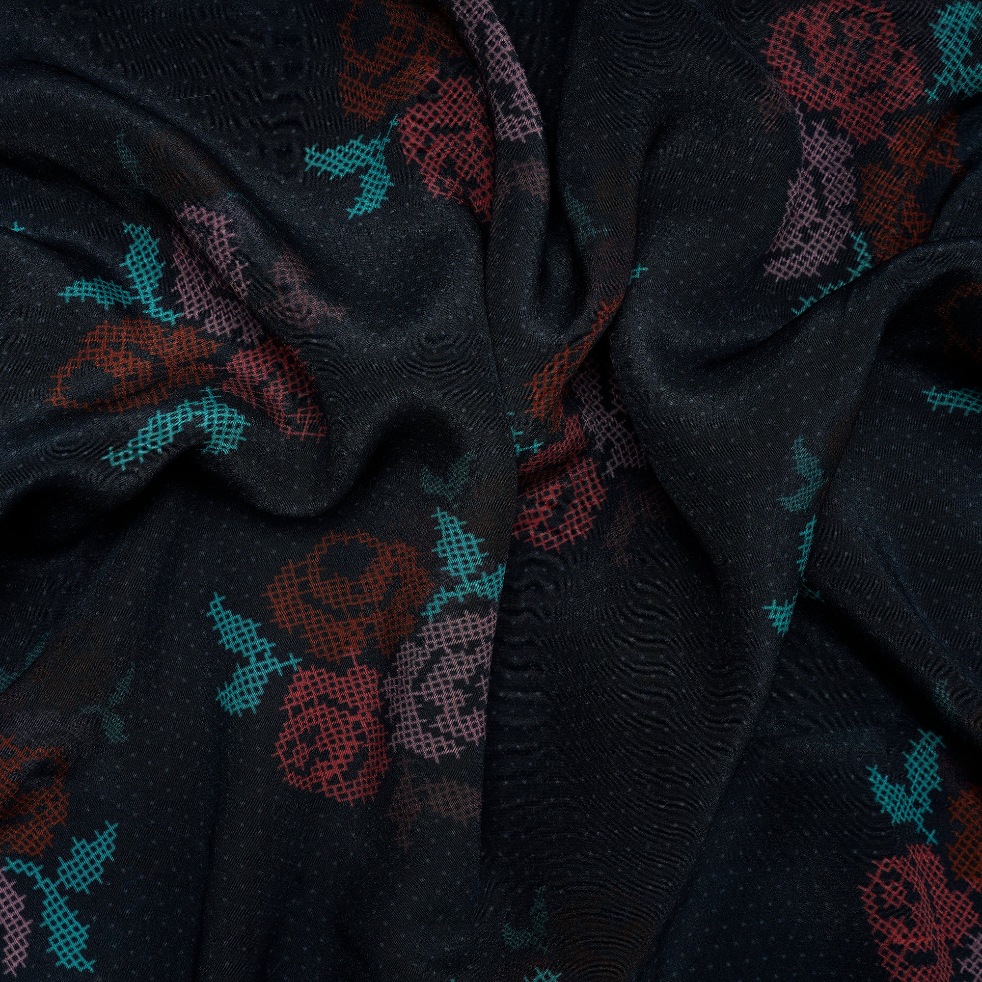 Navy Blue Floral Pattern Digital Printed Bemberg Crepe Fabric
