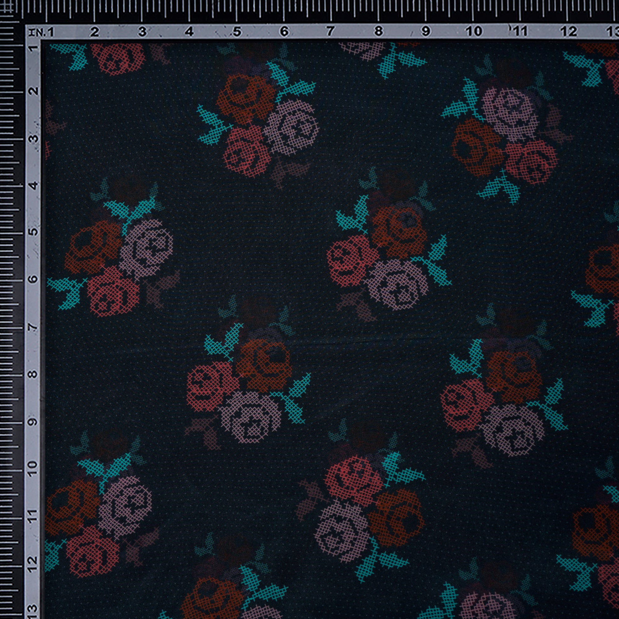 Navy Blue Floral Pattern Digital Printed Bemberg Crepe Fabric