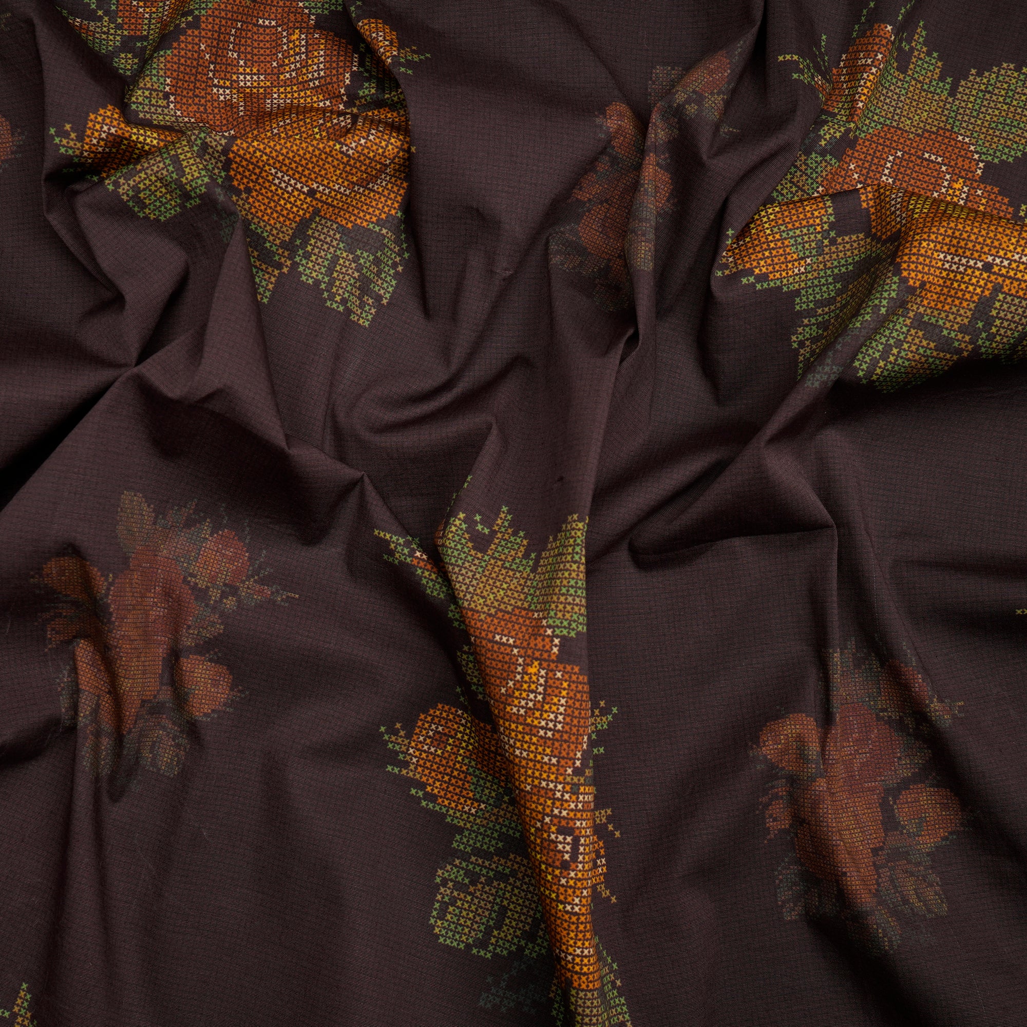 Dark Brown Floral Pattern Digital Print Poplin Lycra Fabric