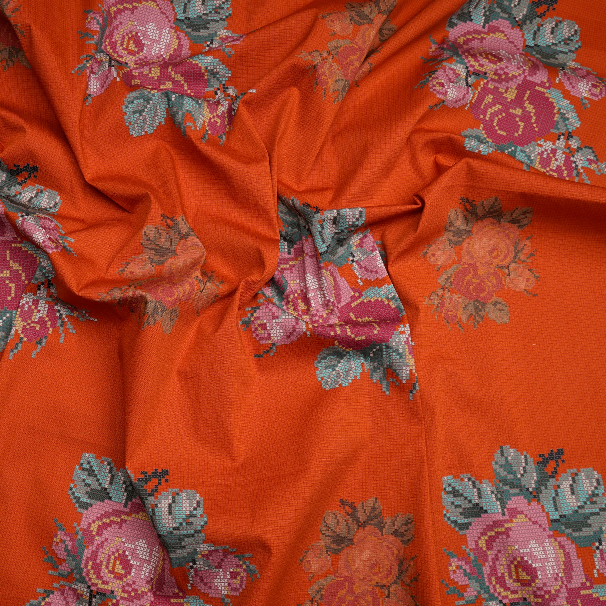 Orange Floral Pattern Digital Print Poplin Lycra Fabric