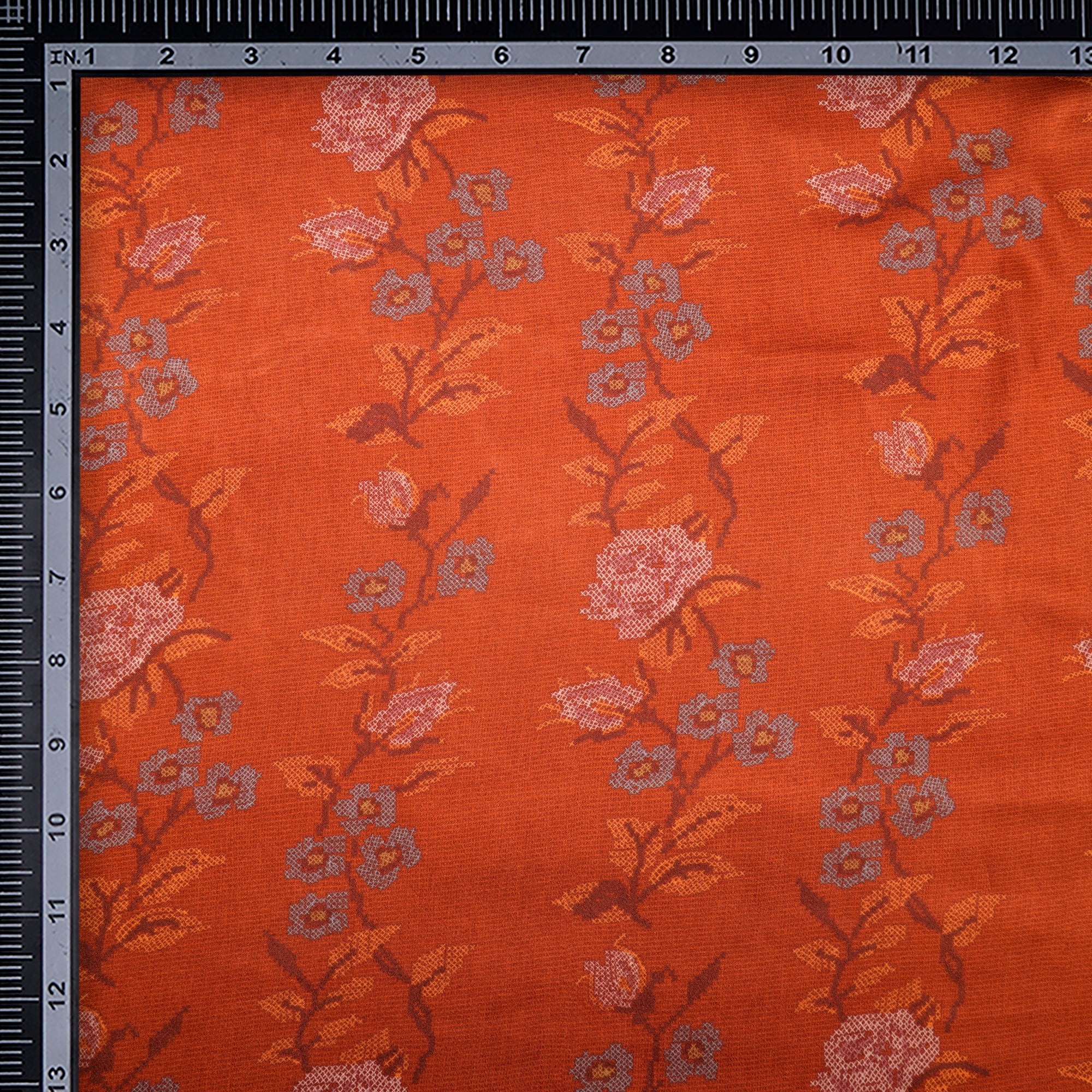 Dark Orange Floral Pattern Digital Print Viscose Fabric