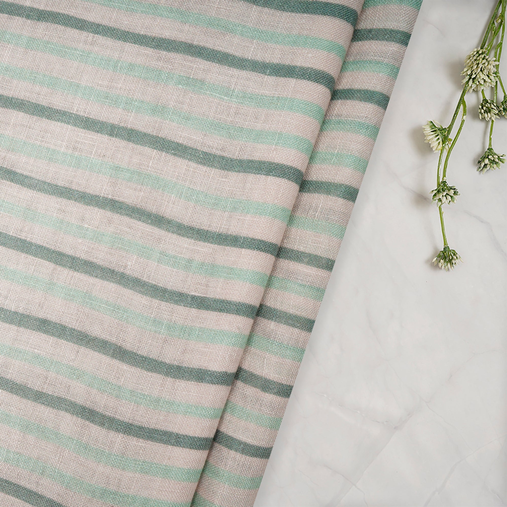 Mist Green Stripe Pattern Digital Print Gauge Linen Fabric