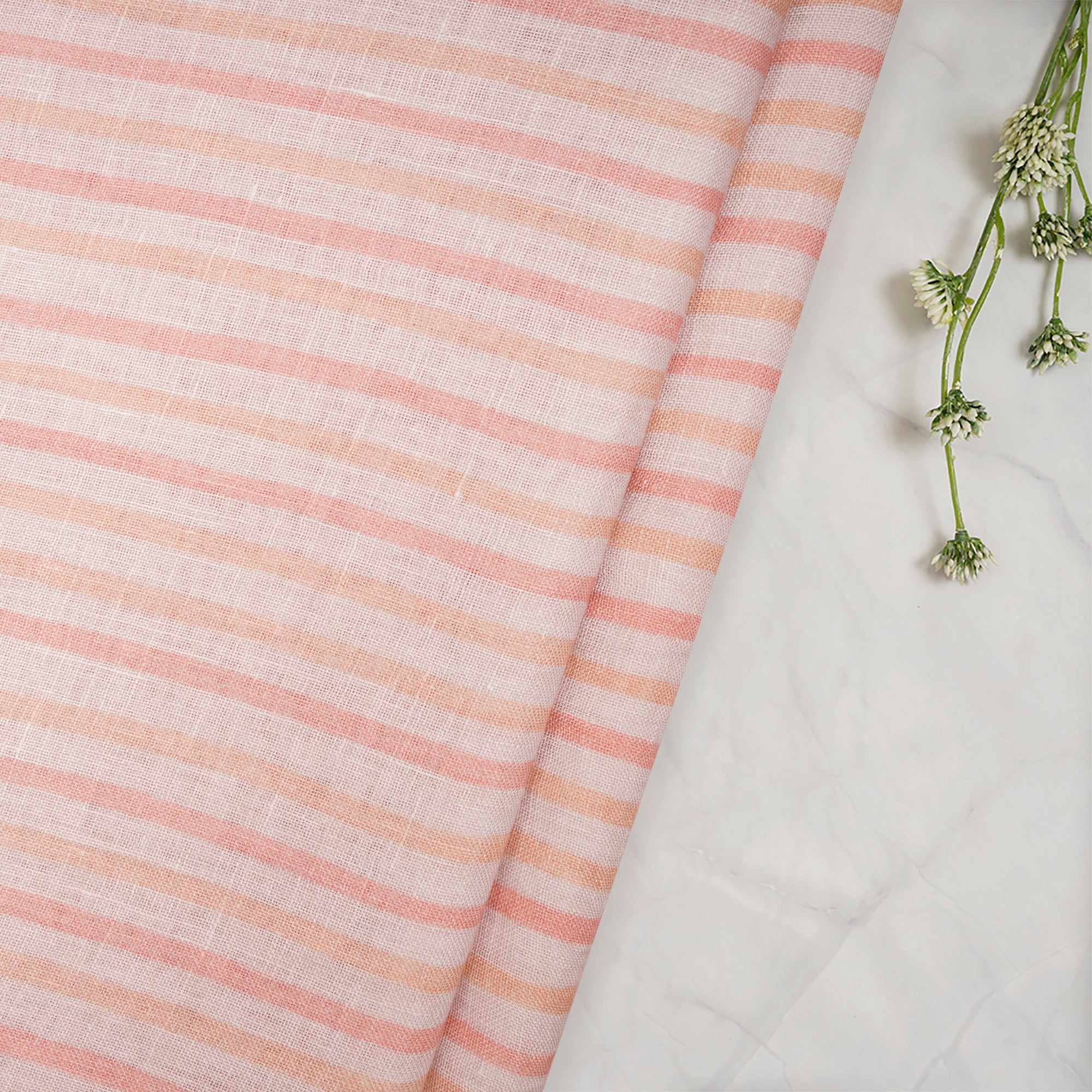 Baby Pink Stripe Pattern Digital Print Gauge Linen Fabric