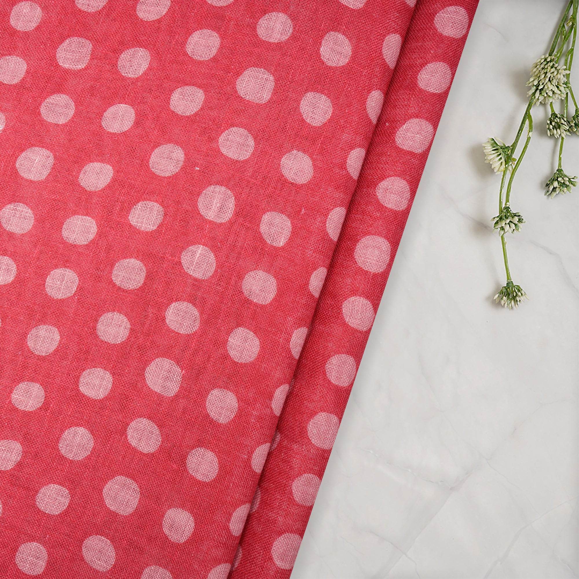 Red Polka Dot Pattern Digital Print Gauge Linen Fabric