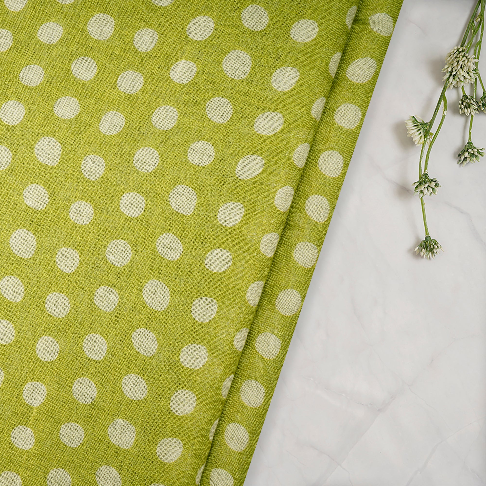 Spinach Green Polka Dot Pattern Digital Print Gauge Linen Fabric