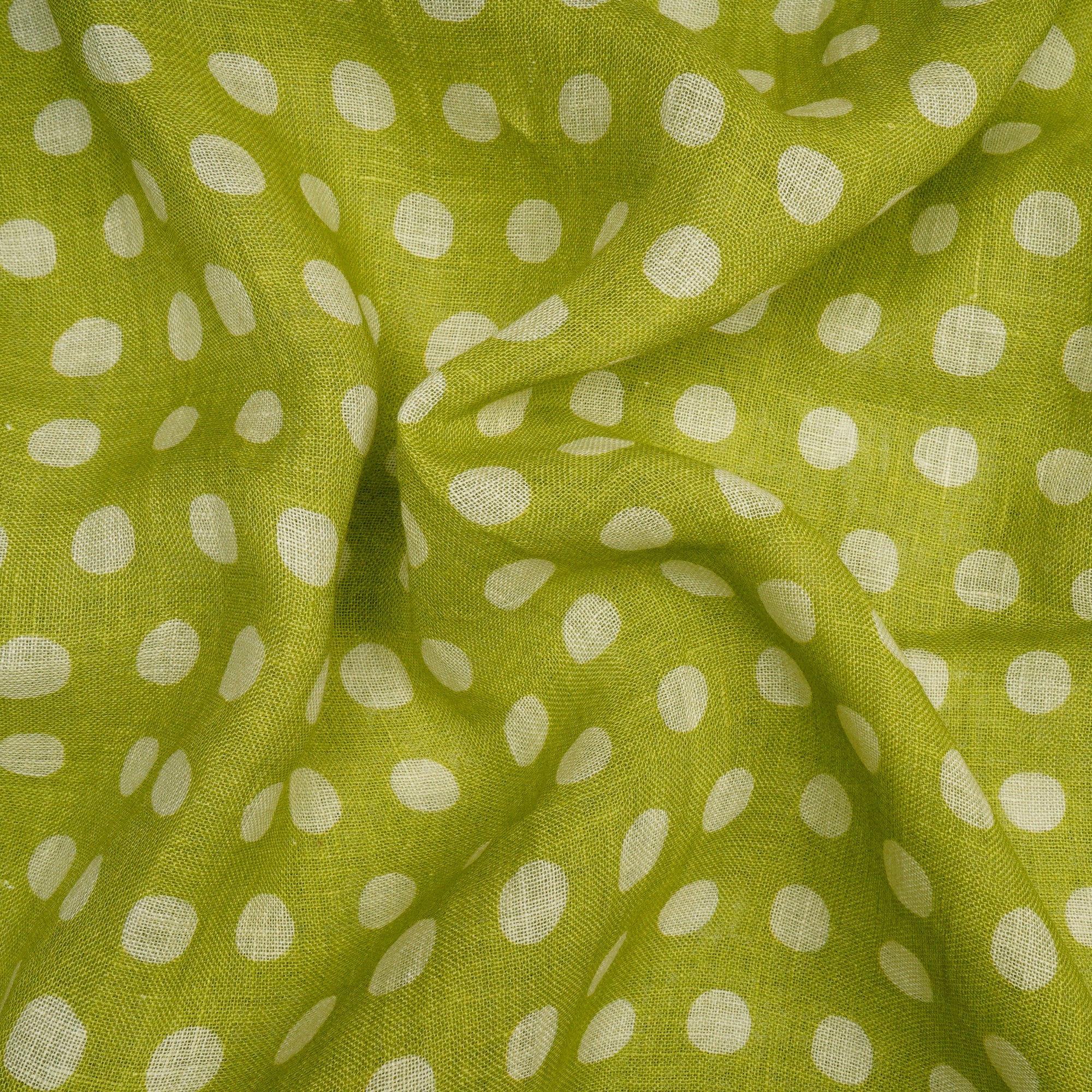 Spinach Green Polka Dot Pattern Digital Print Gauge Linen Fabric