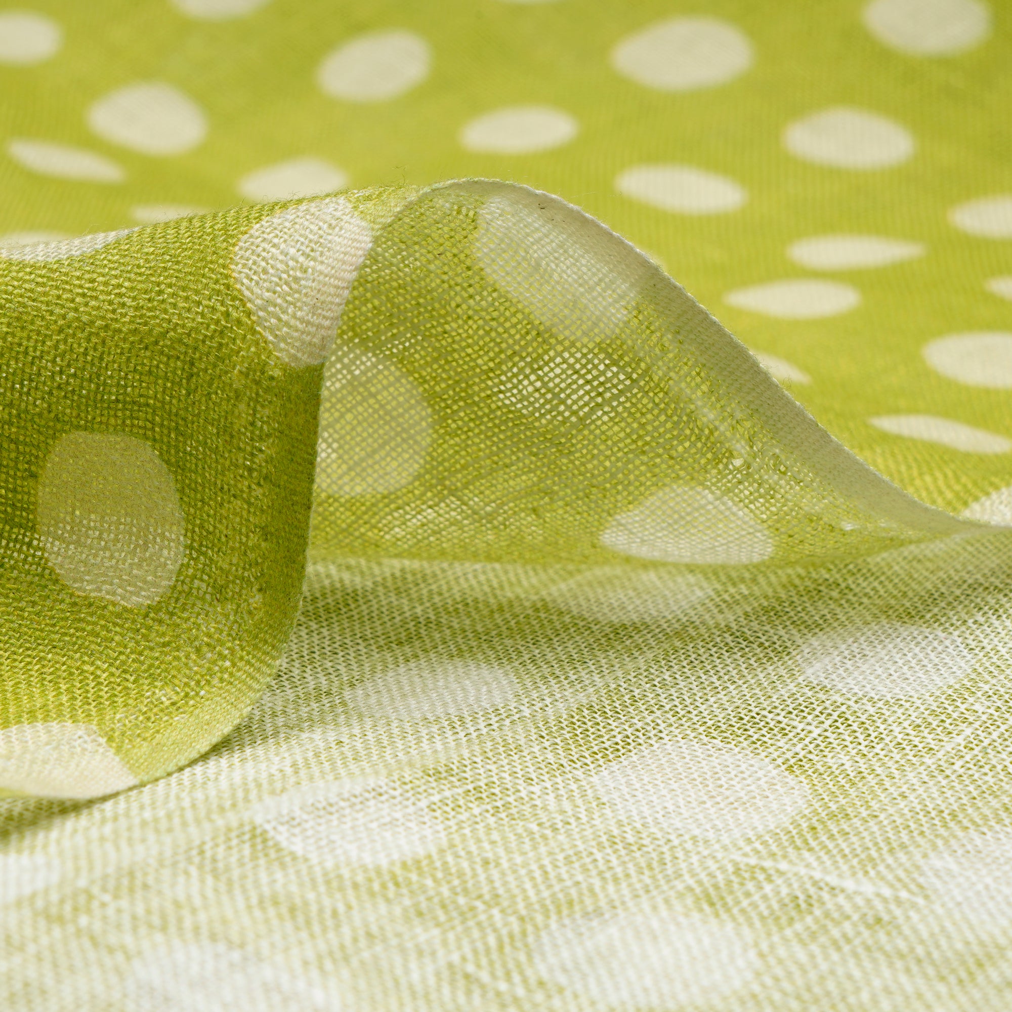 Spinach Green Polka Dot Pattern Digital Print Gauge Linen Fabric