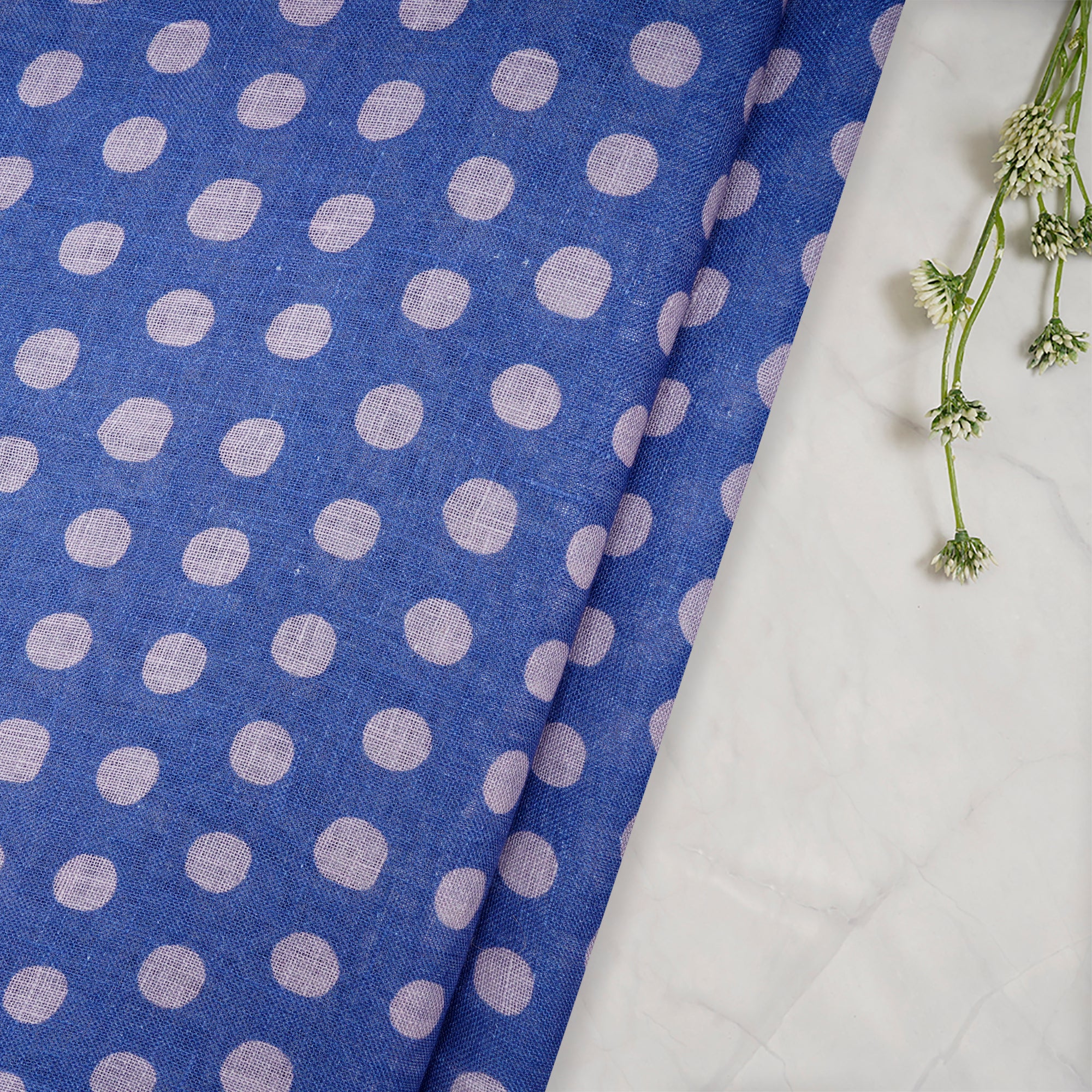 Azure Blue Polka Dot Pattern Digital Print Gauge Linen Fabric