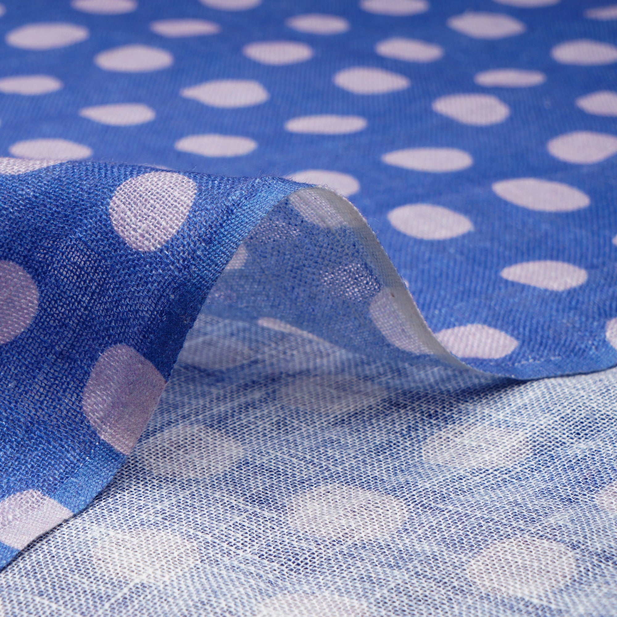 Azure Blue Polka Dot Pattern Digital Print Gauge Linen Fabric