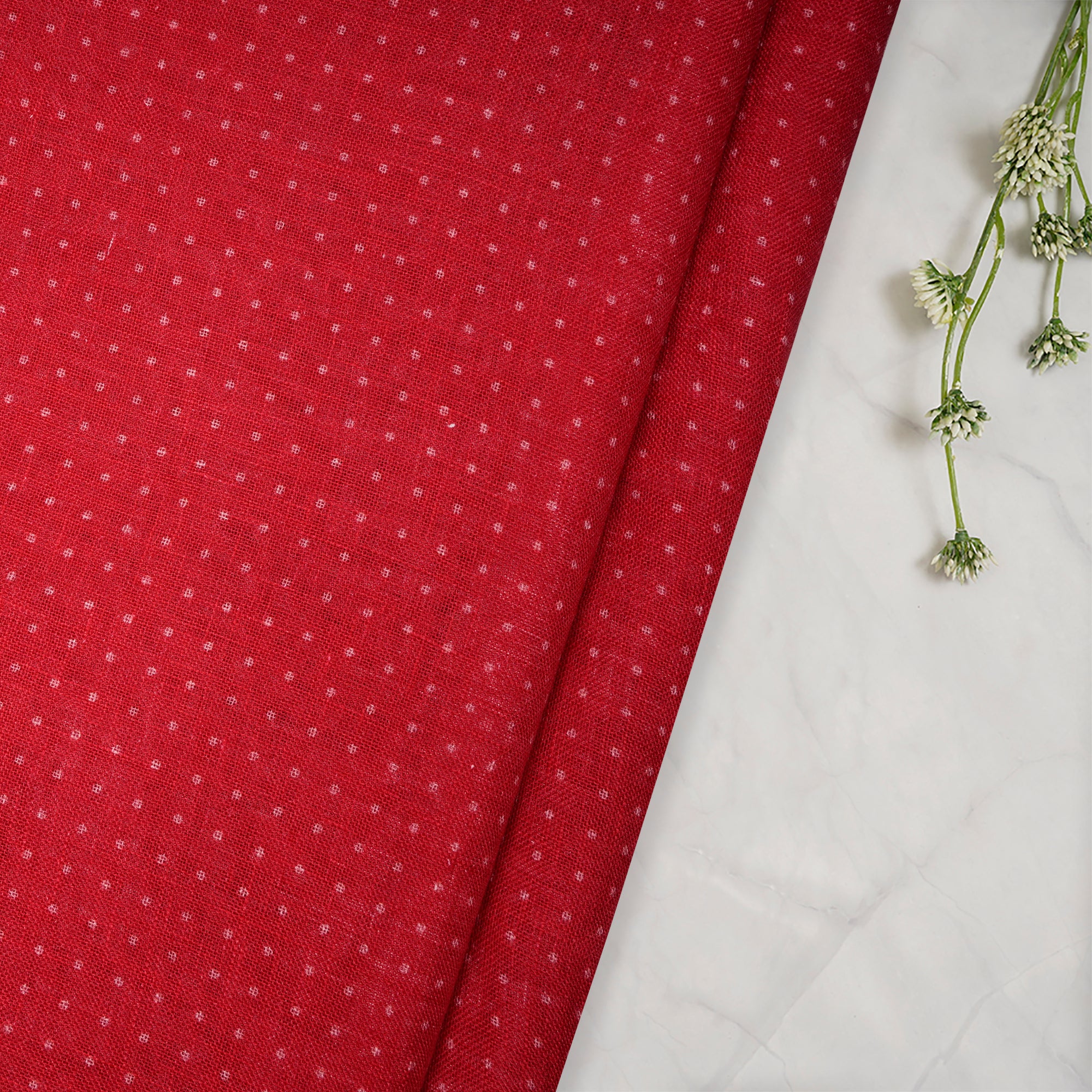 Red All Over Dot Pattern Digital Print Gauge Linen Fabric