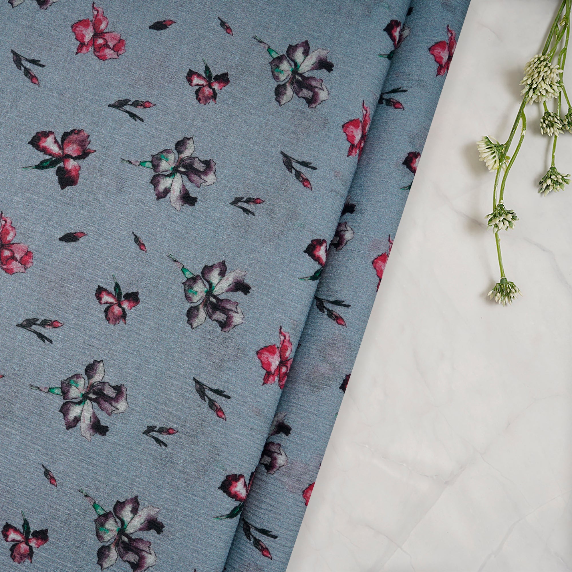 Grey Floral Pattern Digital Print Wrinkle Cotton Fabric