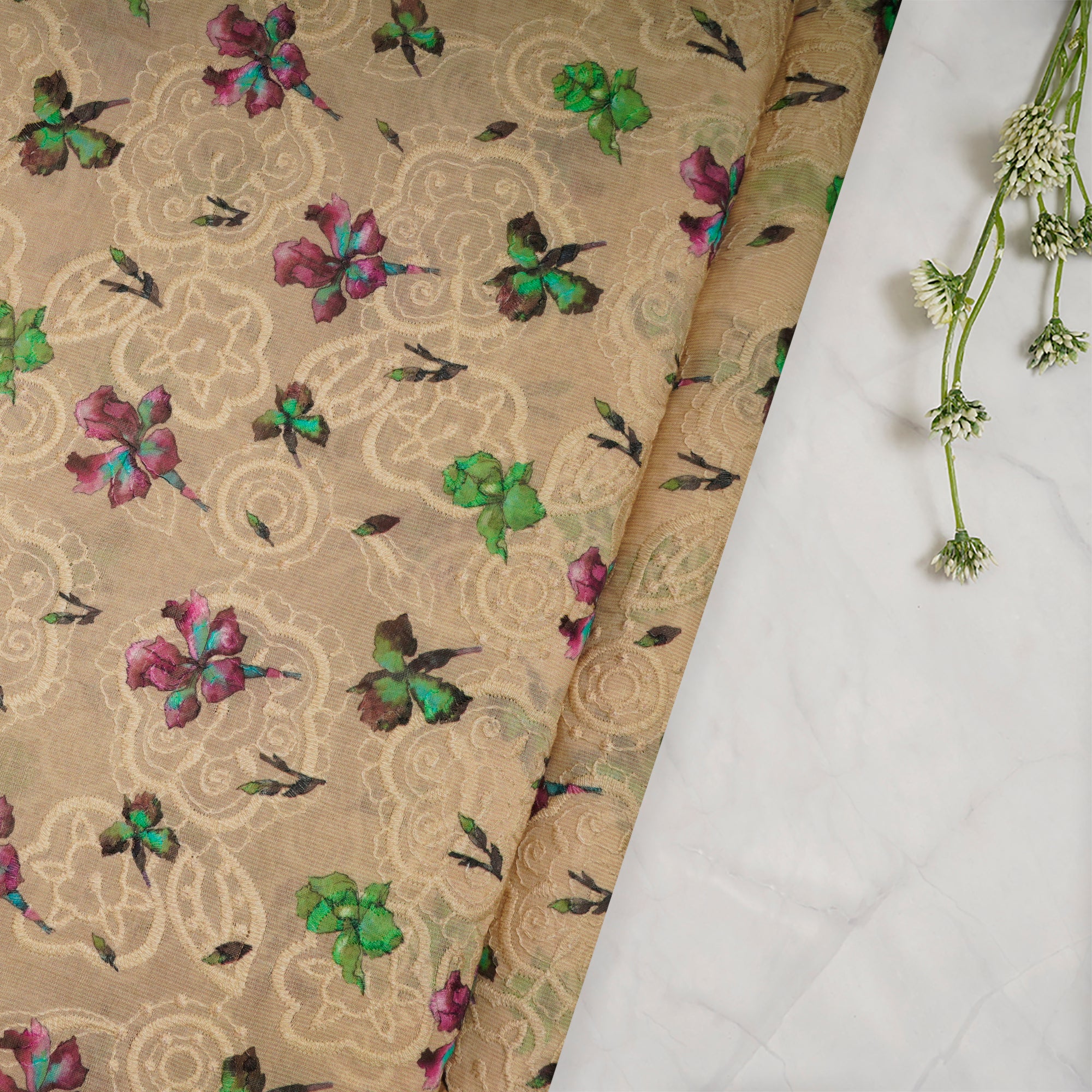 Cream Floral Pattern Digital Print Embroidered Chanderi Fabric