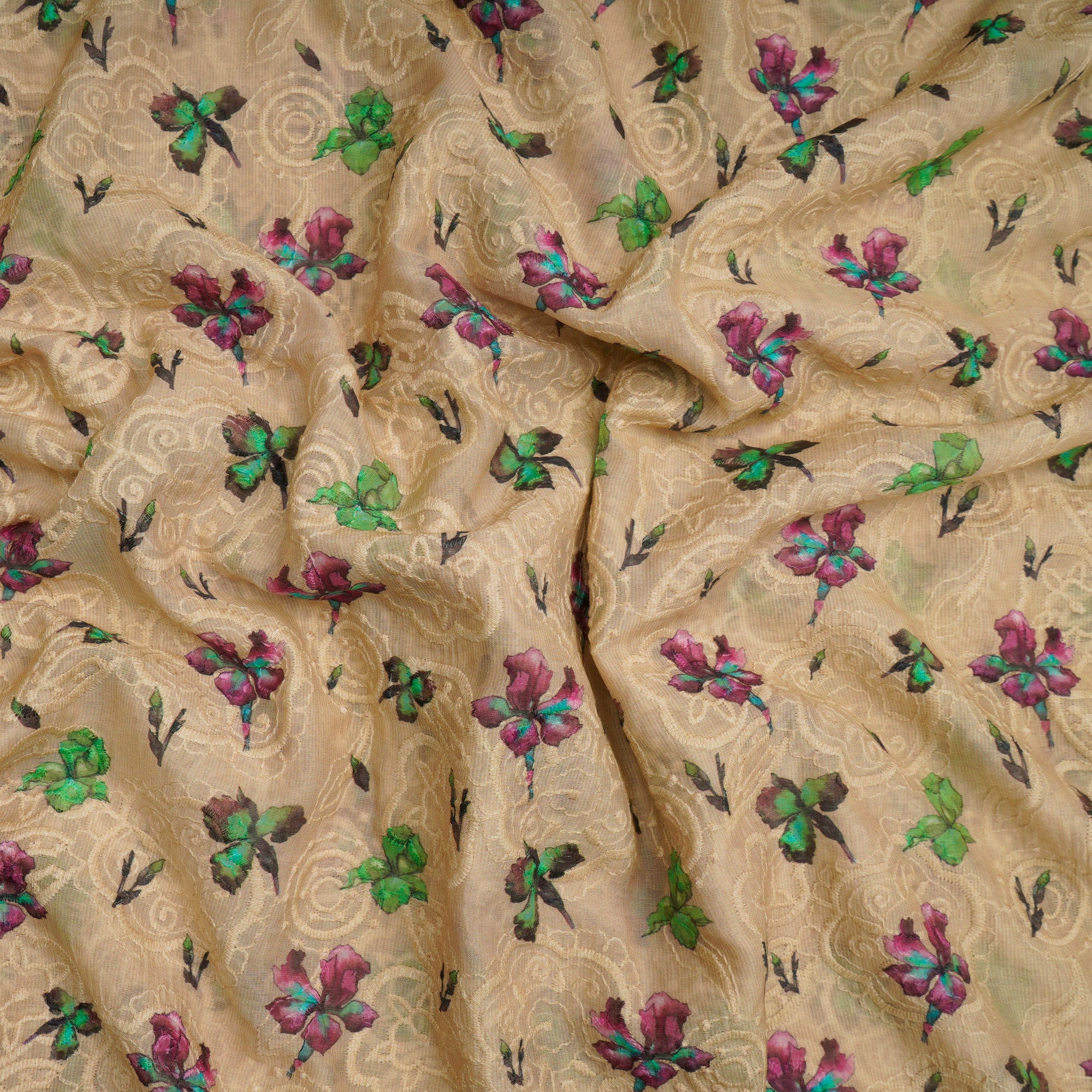 Cream Floral Pattern Digital Print Embroidered Chanderi Fabric