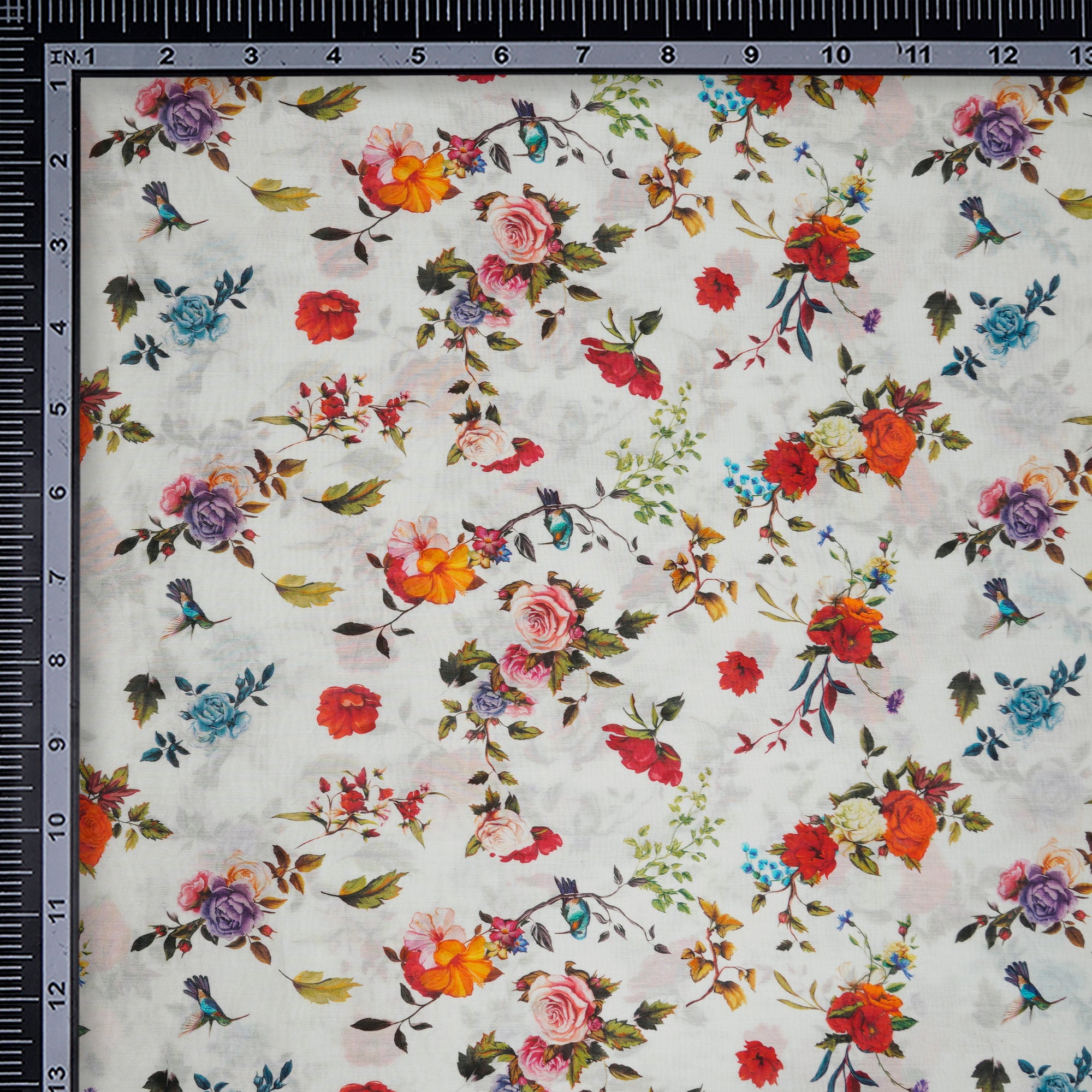 White Floral Pattern Digital Print Chanderi Fabric